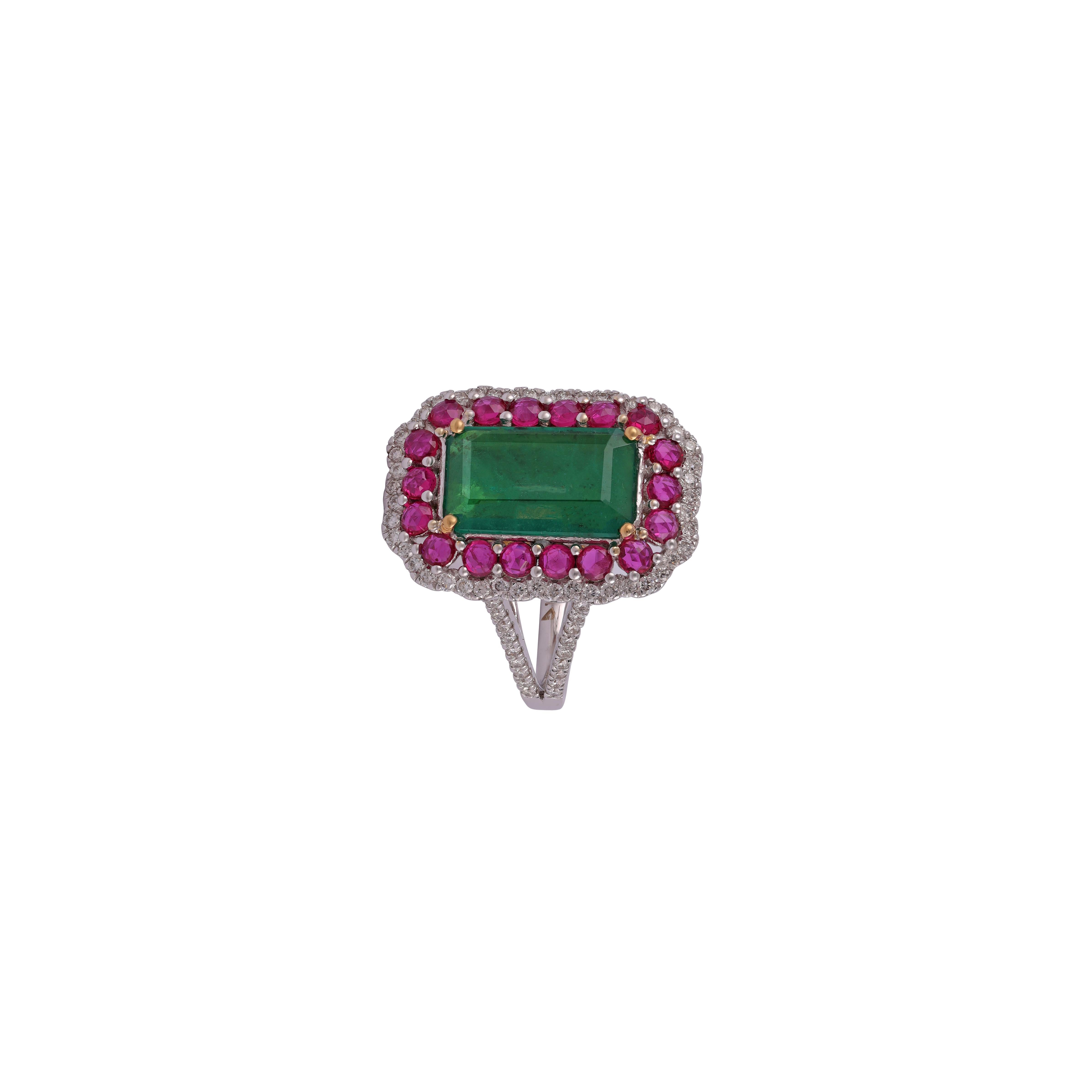 Emerald Cut 2.46 Carat Emerald with Ruby & Diamond Set in White Gold For Sale