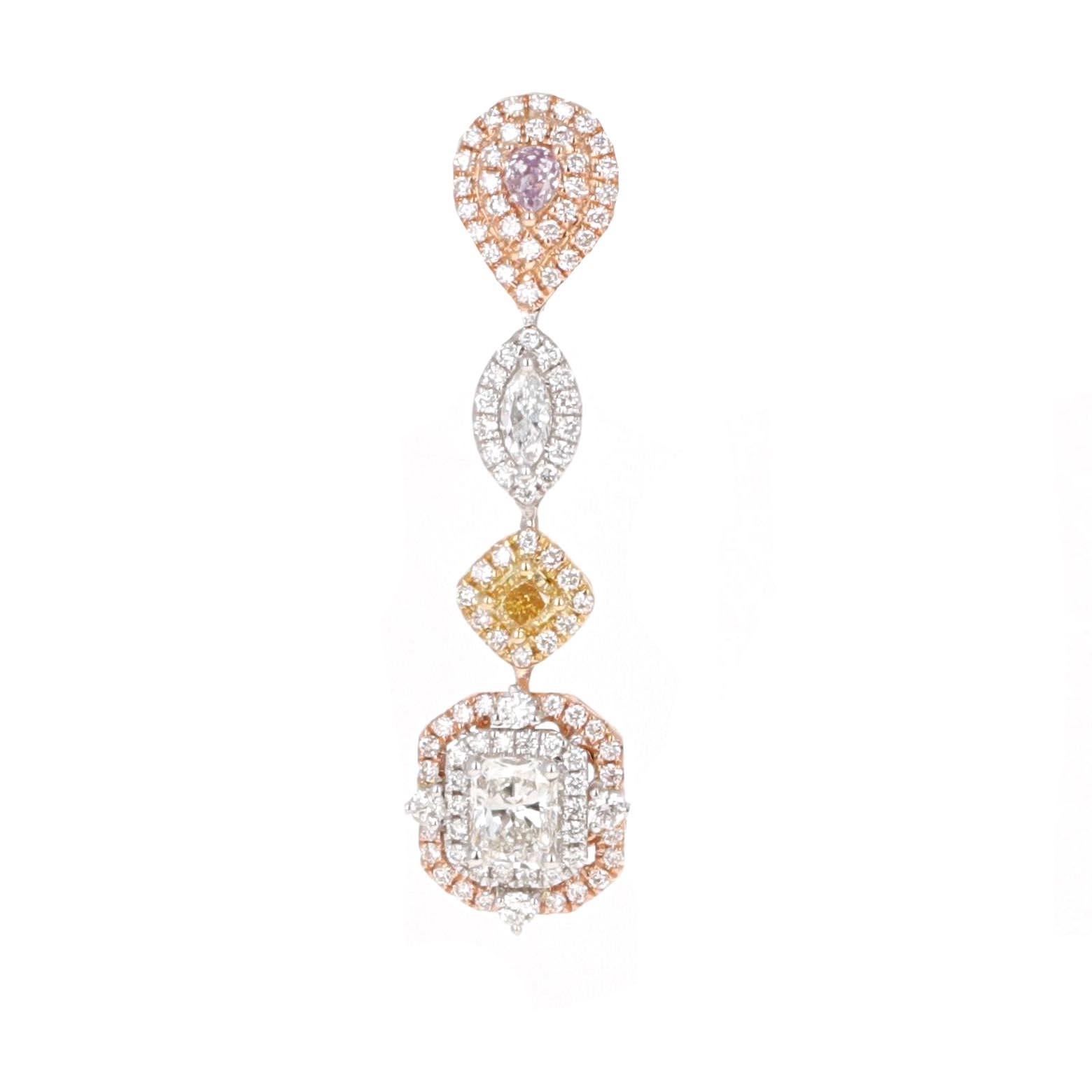 These dangle drop earrings are made with all natural fancy colored diamonds and fancy shaped diamonds. They are very trendy and fashion forward. The colors are very bold and bright. They are made with 18 karat yellow, white and rose gold. 
The total