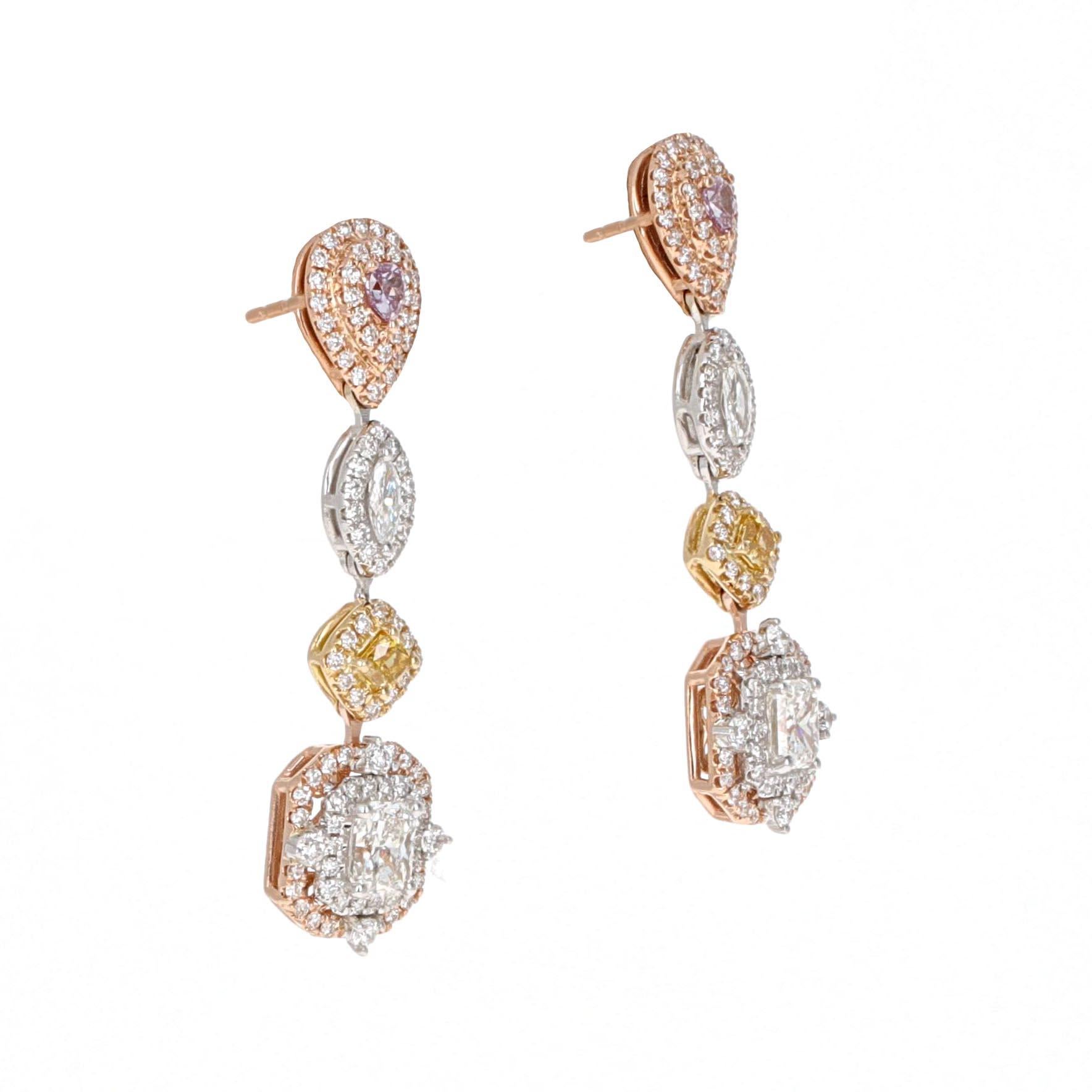 Round Cut 2.46 Carat, Fancy Colored Diamond and Fancy Shape Diamond Dangle Earrings