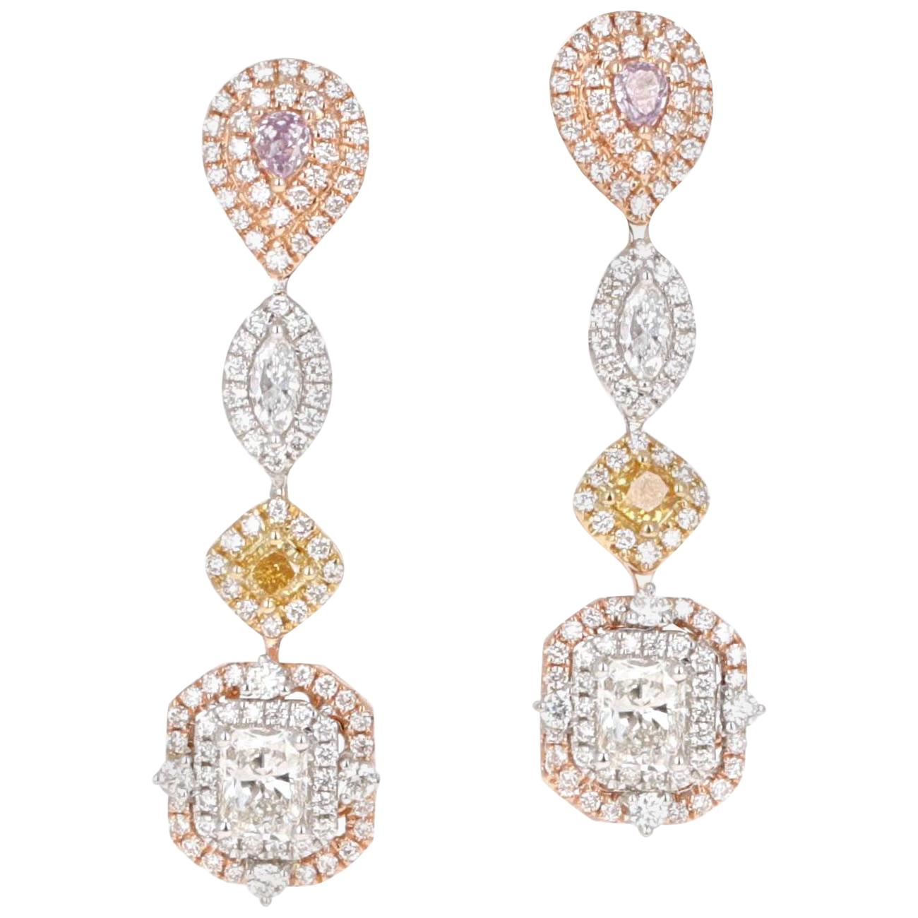 2.46 Carat, Fancy Colored Diamond and Fancy Shape Diamond Dangle Earrings