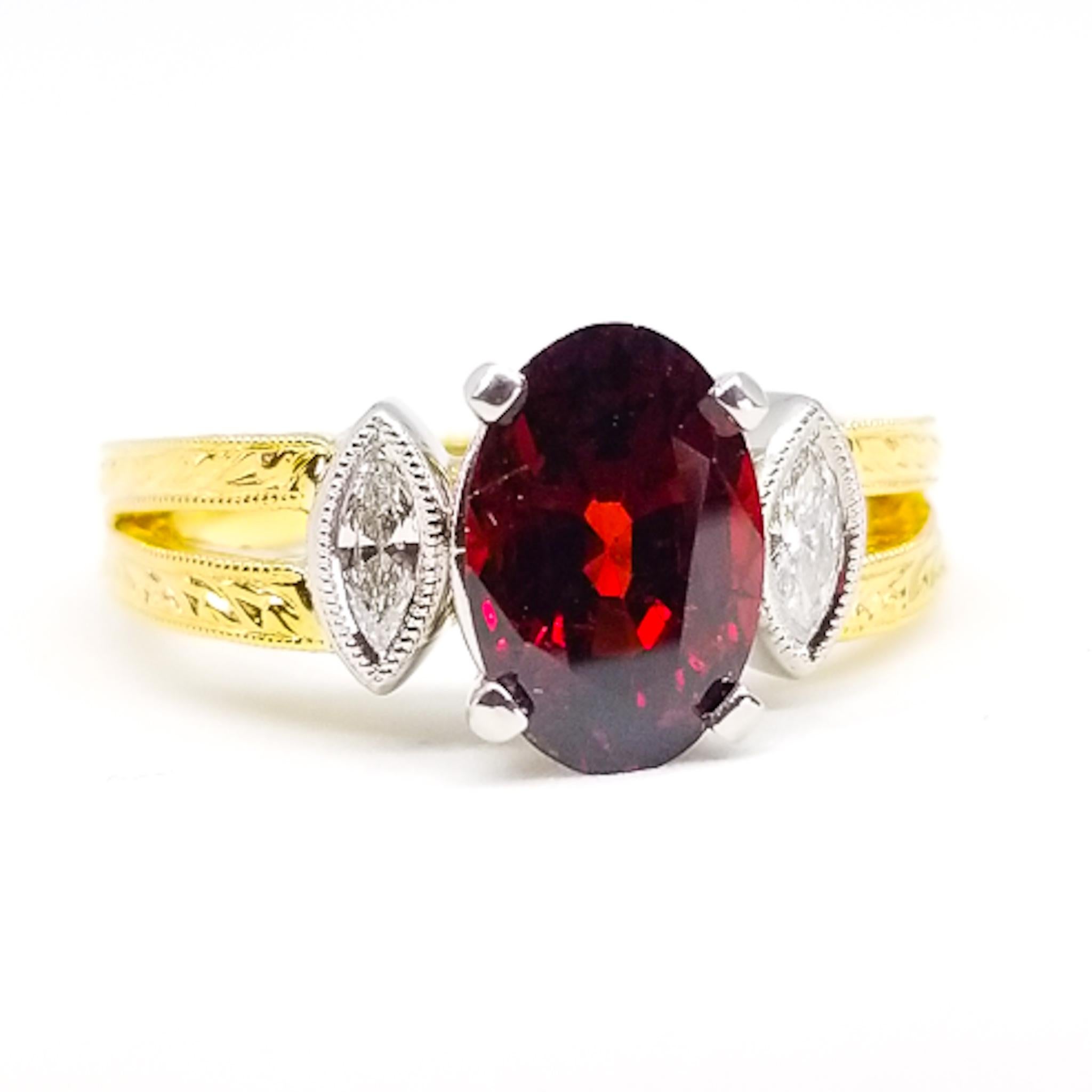 A Romantic Engagement or Right Hand Ring is set with a 2.46 Carat Oval Red Spinel of Intense Red Hue and Fine AAA Gem Quality. The GIA Certified stone is Certified Natural, No Heat. The color of this Spinel is true Red with no pink undertones. The