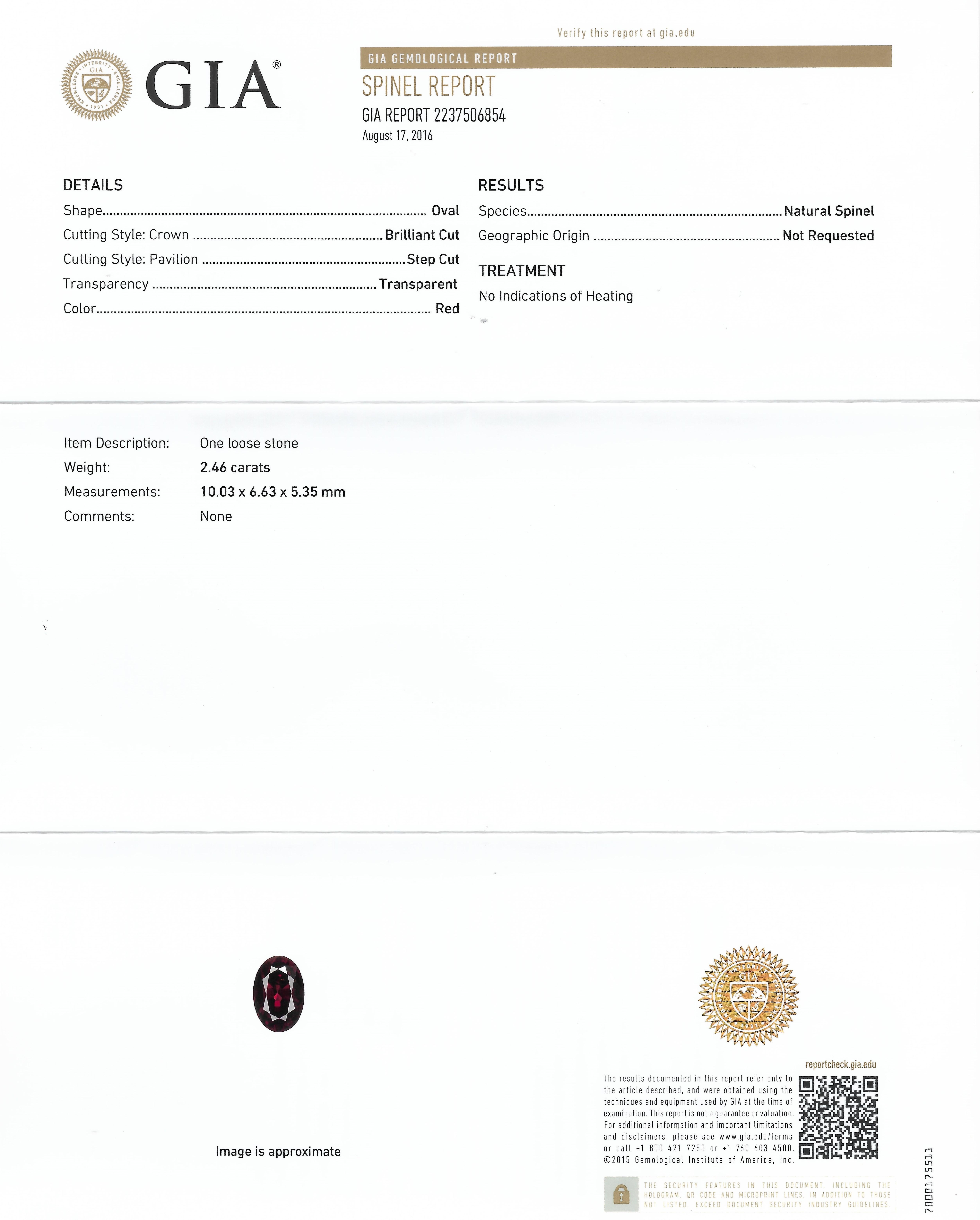 2.46 Carat GIA Certified Natural AAA Red Spinel .12 Diamond Ring Platinum 18KY en venta 6