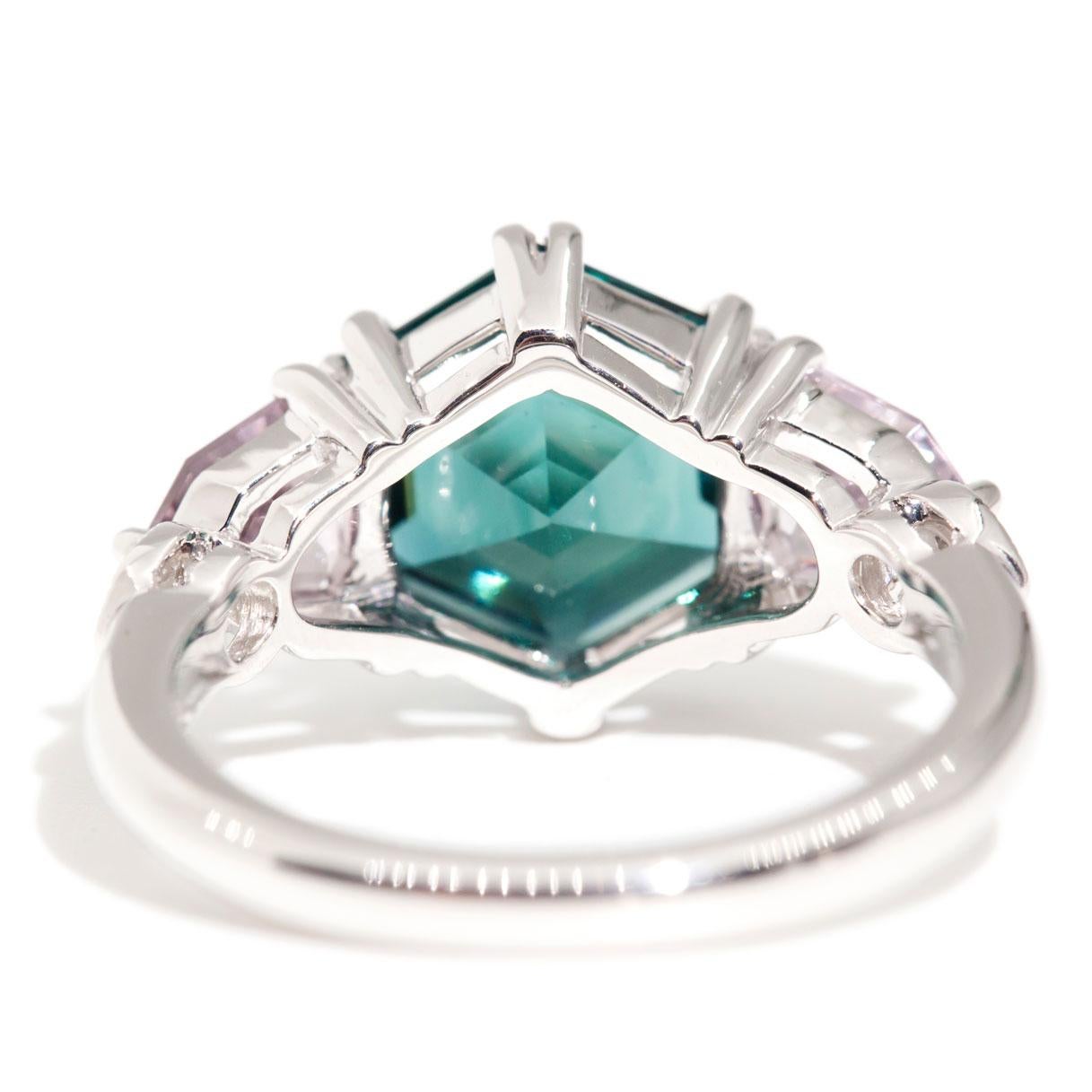 2.46 Carat Hexagon Teal Tourmaline and Spinel 18 Carat White Gold Cluster Ring 4