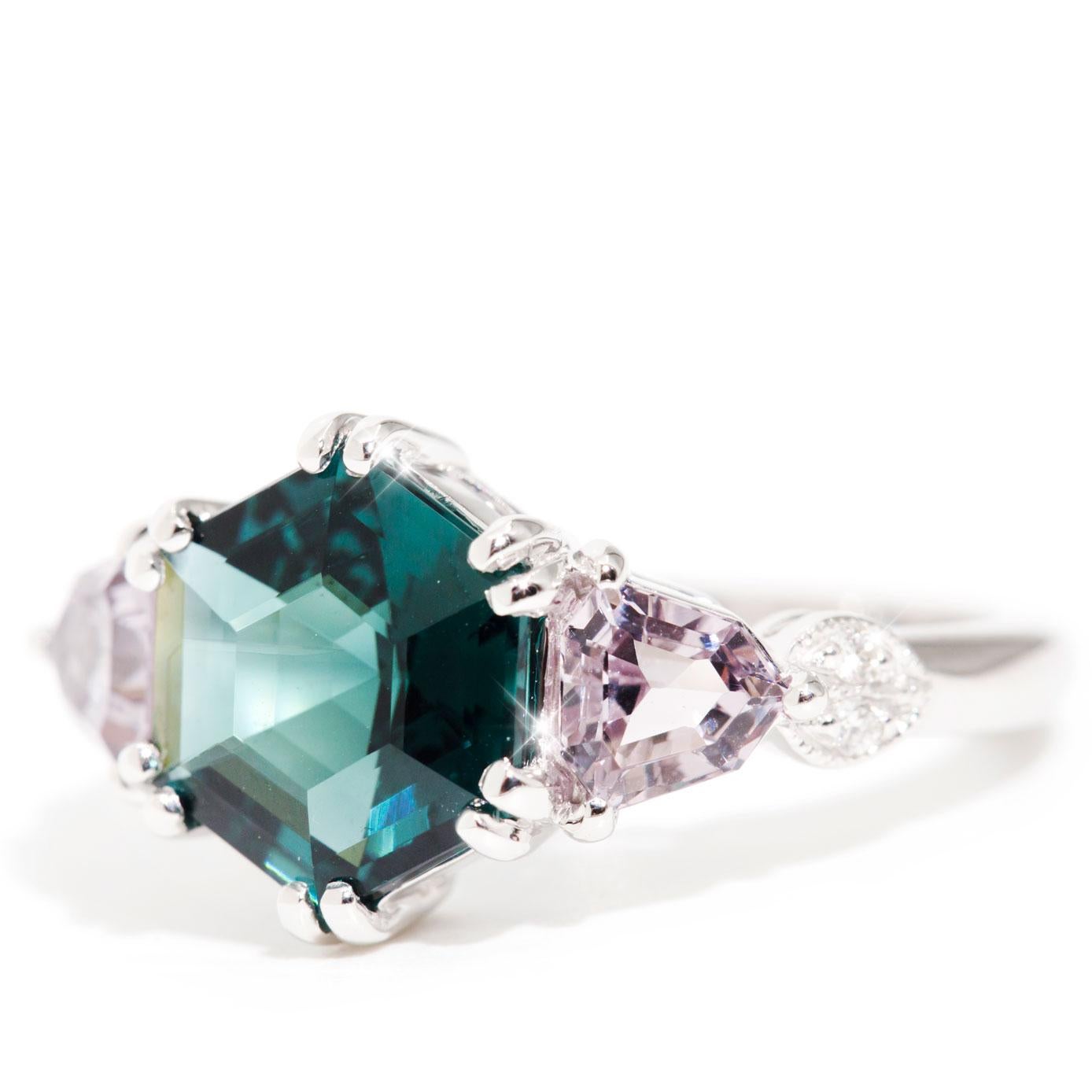 2.46 Carat Hexagon Teal Tourmaline and Spinel 18 Carat White Gold Cluster Ring 7