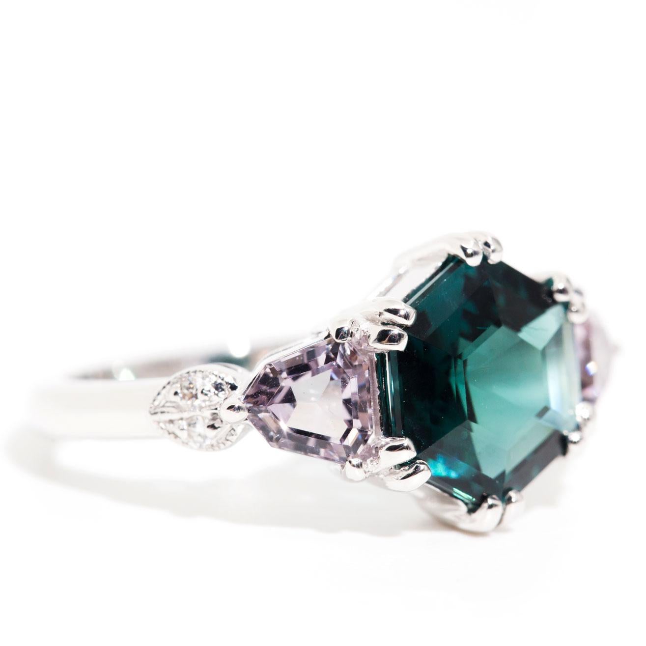 Hexagon Cut 2.46 Carat Hexagon Teal Tourmaline and Spinel 18 Carat White Gold Cluster Ring