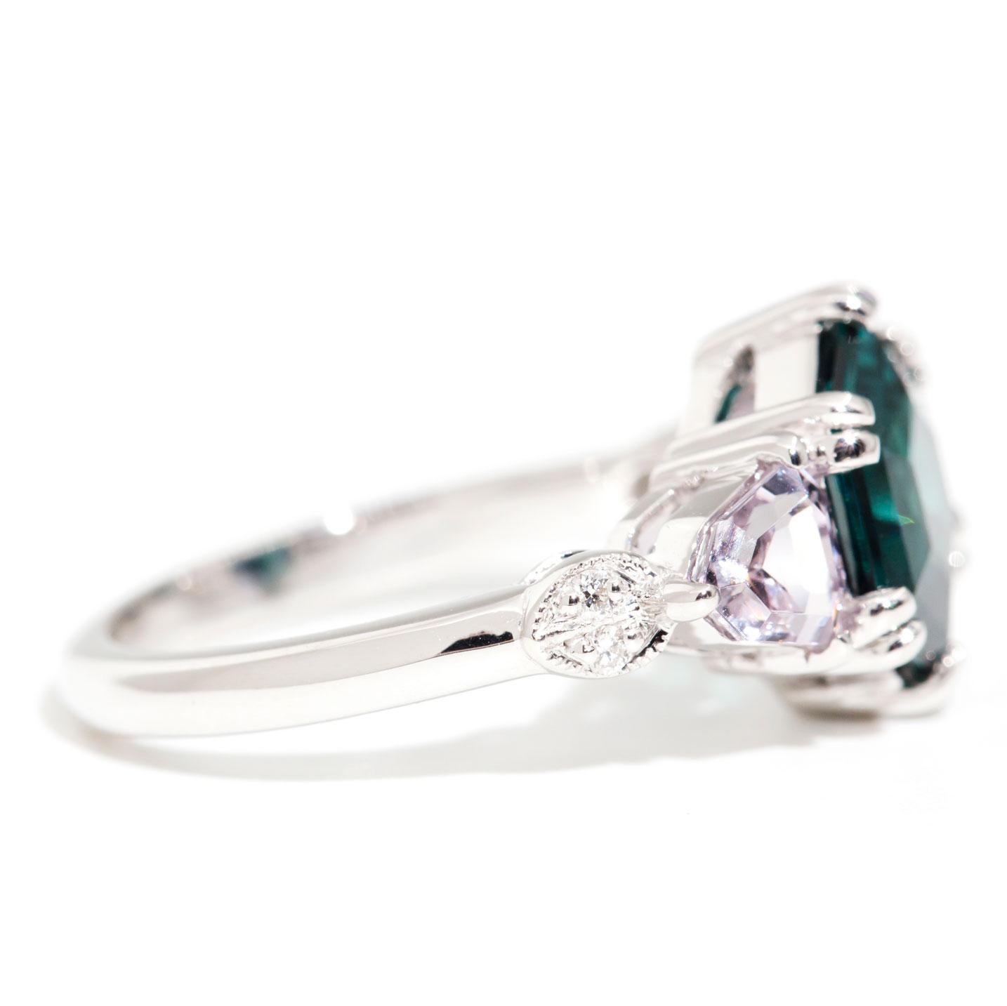 2.46 Carat Hexagon Teal Tourmaline and Spinel 18 Carat White Gold Cluster Ring 1