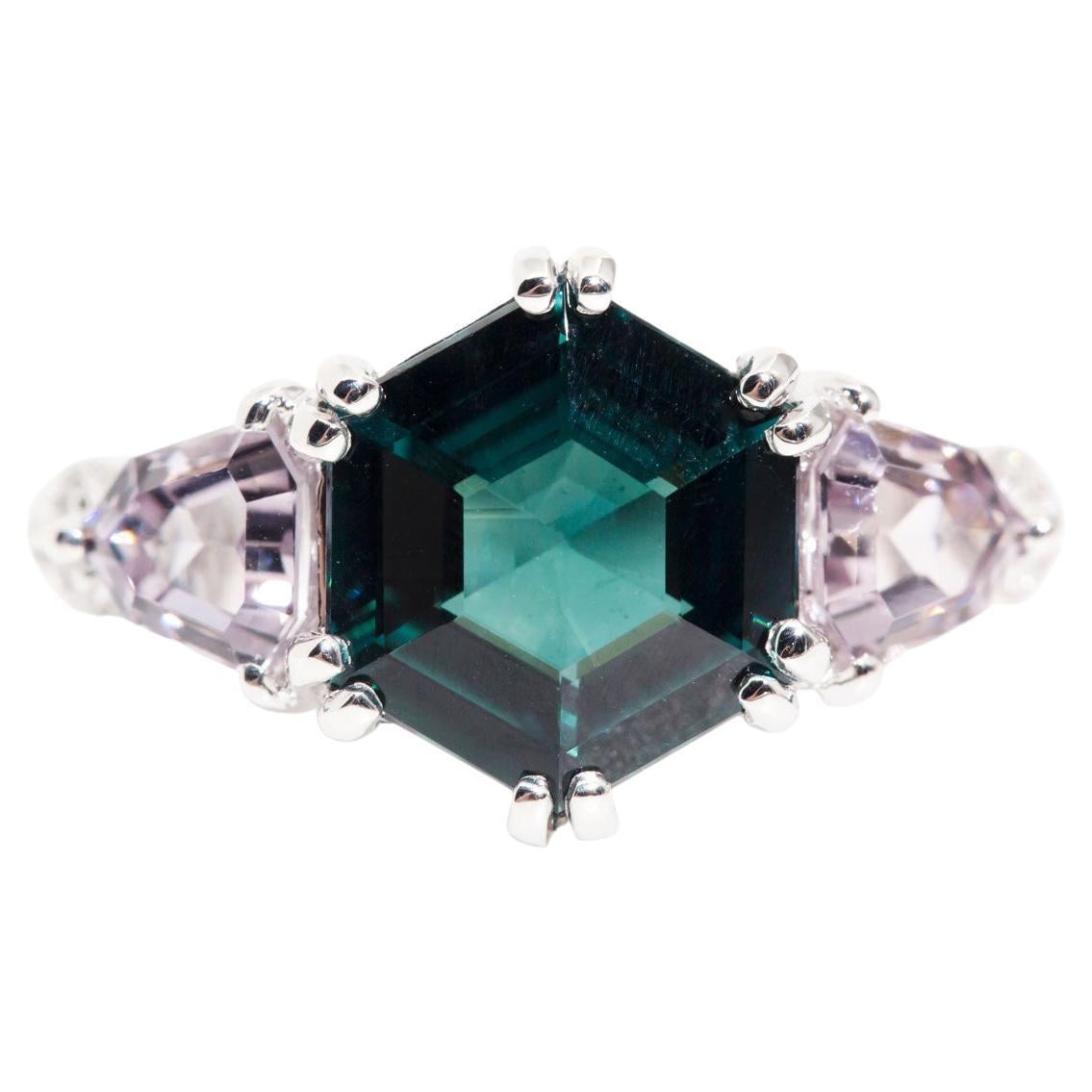 2.46 Carat Hexagon Teal Tourmaline and Spinel 18 Carat White Gold Cluster Ring