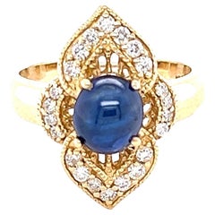 2.46 Carat Natural Cabochon Sapphire Diamond 14 Karat Yellow Gold Diamond Ring