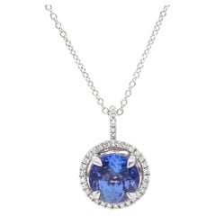 GIA Certified Tanzanite Diamond Halo Pendant Necklace in 14K White Gold