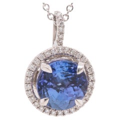 GIA Certified Tanzanite Diamond Halo Pendant Necklace in 14K White Gold