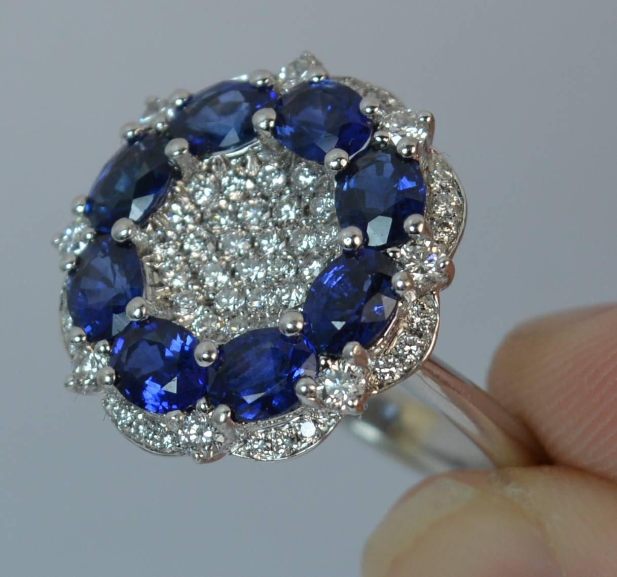 Women's 2.46 Carat Sapphire VS Diamond 18 Carat White Gold Cluster Ring