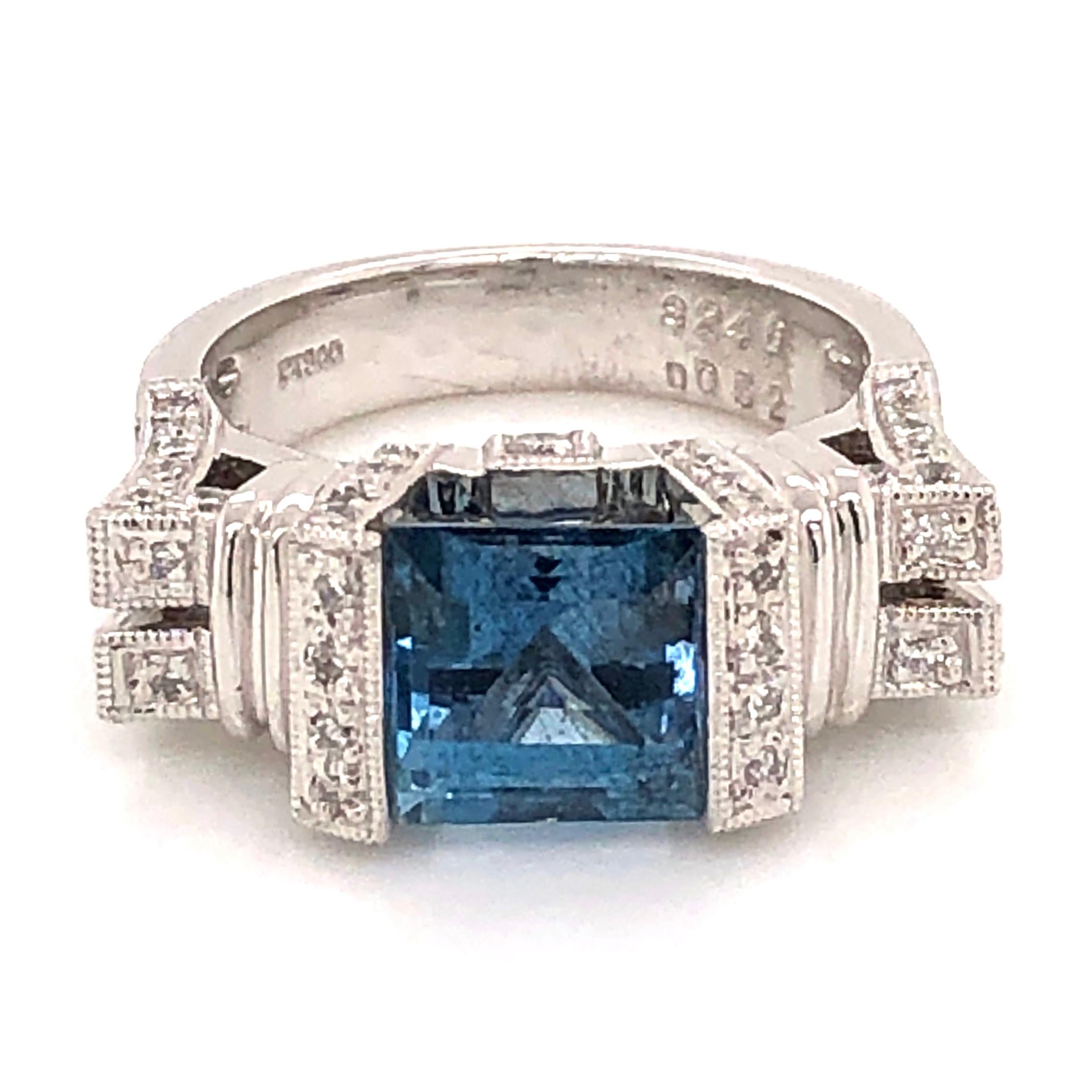Art Deco 2.46 Carat Square Deep Aquamarine GIA and Diamond Platinum Band Ring For Sale