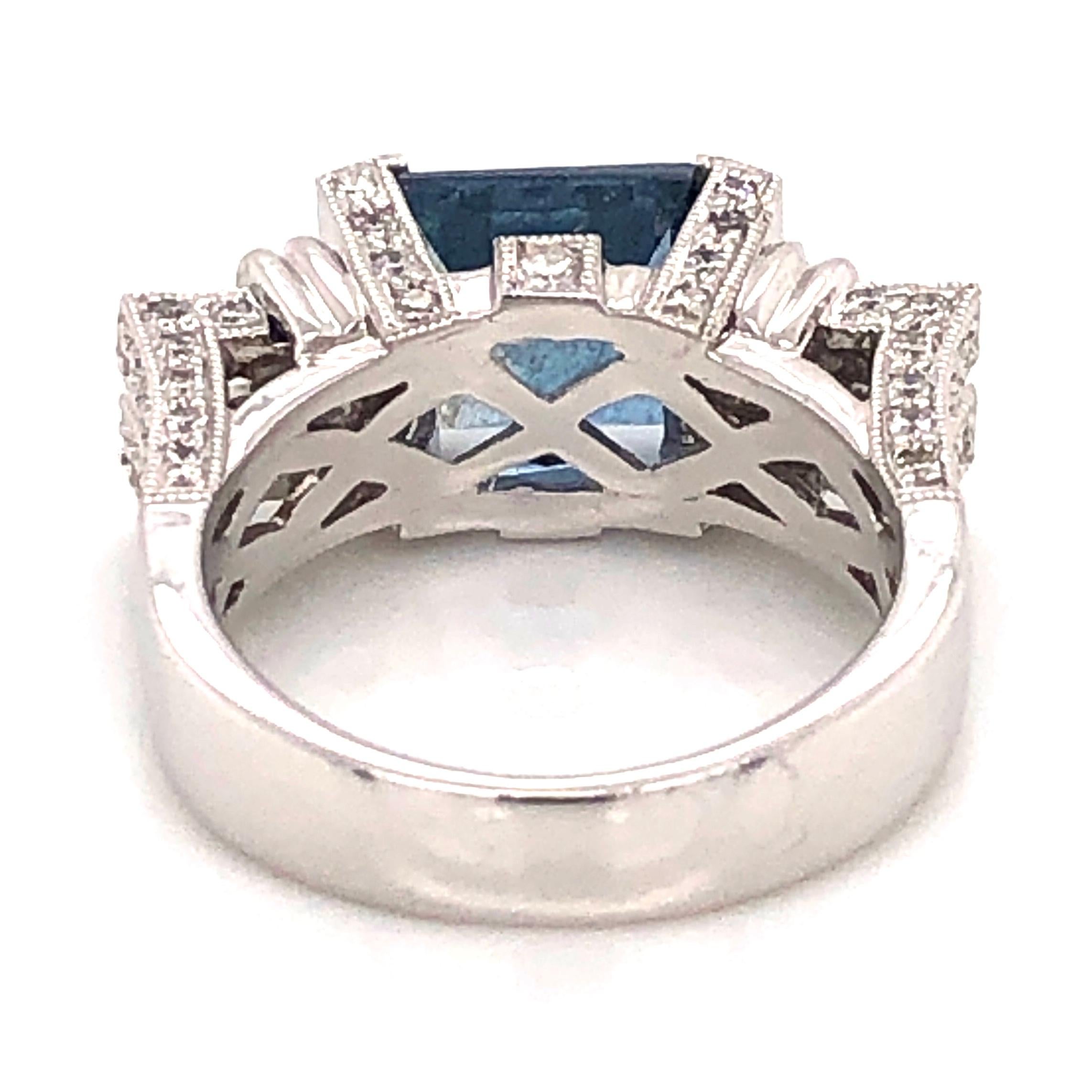 Women's 2.46 Carat Square Deep Aquamarine GIA and Diamond Platinum Band Ring For Sale
