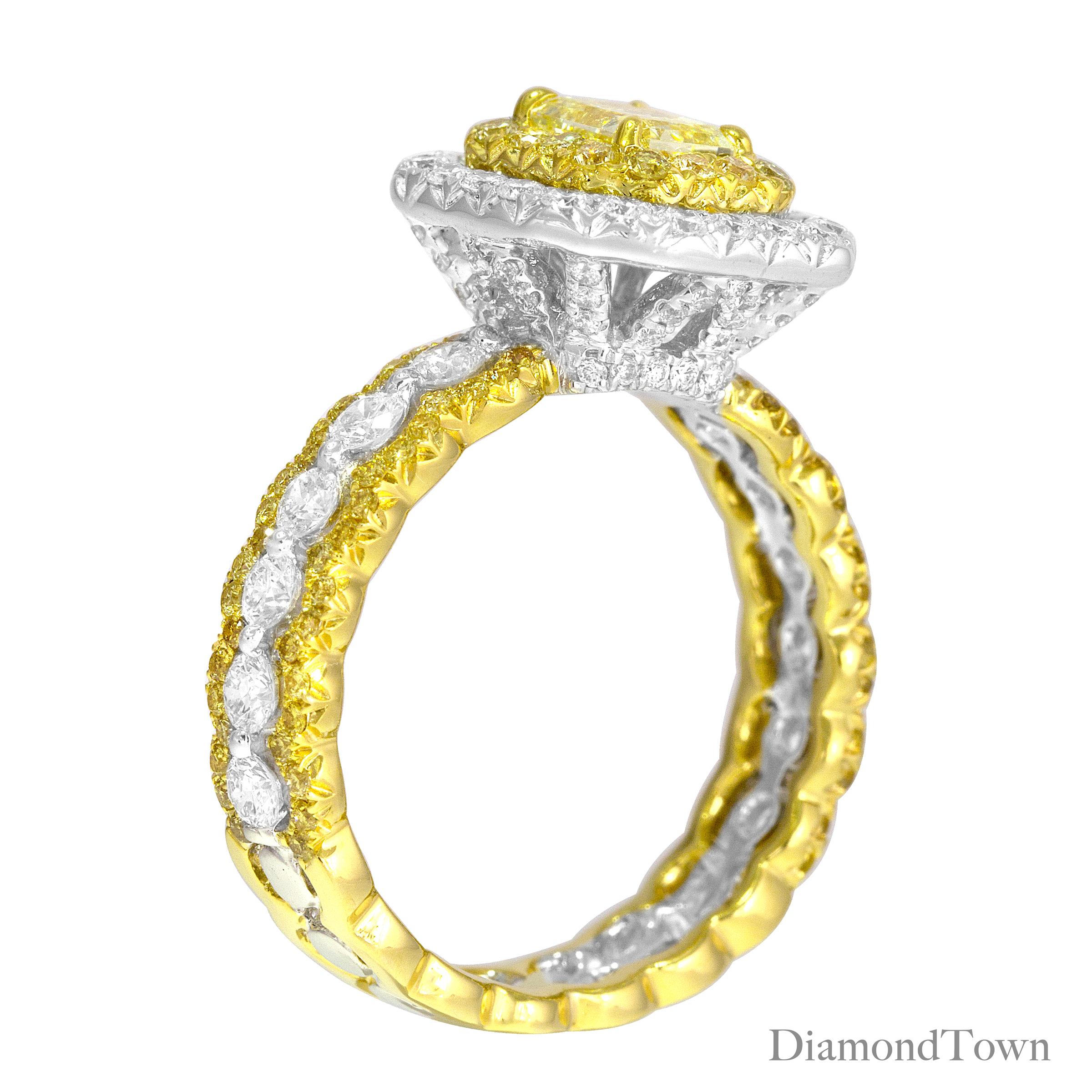Cette bague captivante met en valeur un diamant certifié GIA de 0,70 carat Natural Fancy Yellow Radiant Cut en son centre, élégamment entouré d'un double halo composé de diamants ronds jaunes et de diamants ronds blancs. L'ensemble de la pièce est