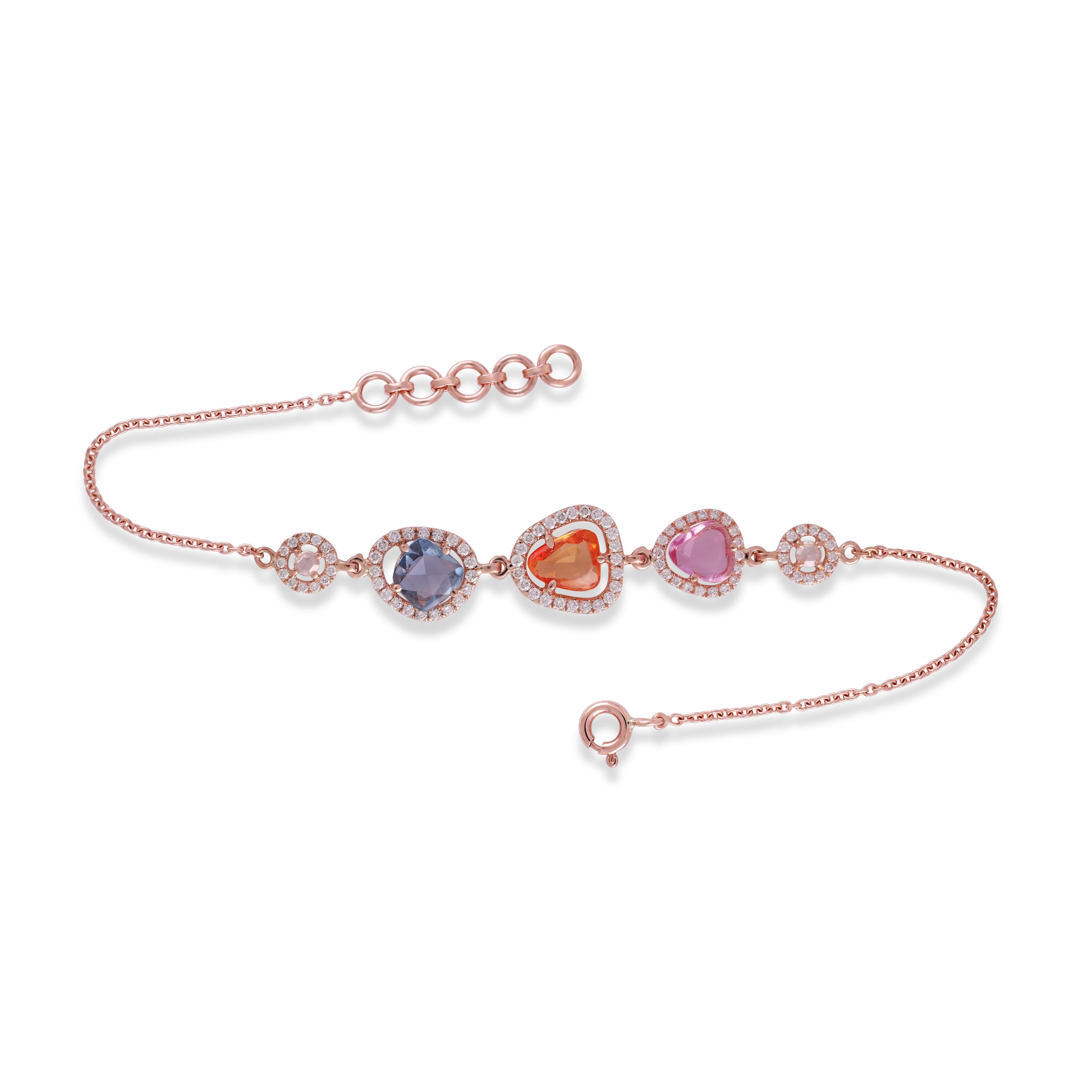 A very beautiful and dainty Multi Sapphire Chain Bracelet let in 18K Rose Gold & Diamonds. The weight of the Multi Sapphires is 2.46 carats. The weight of the Diamonds is 0.70 carats.

 Bracelet size - 6 - 7  inches and can be Resize.
