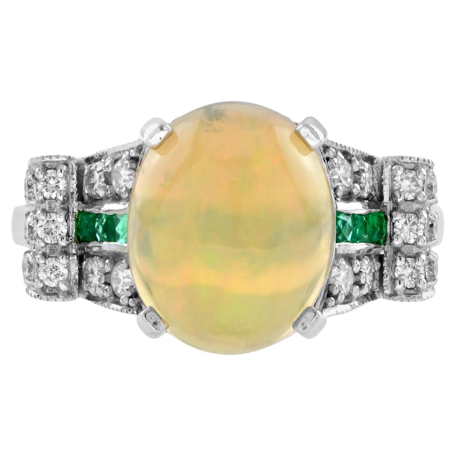 2.46 Ct. Bague solitaire de style Art déco en or blanc 14 carats avec opale, émeraude et diamant