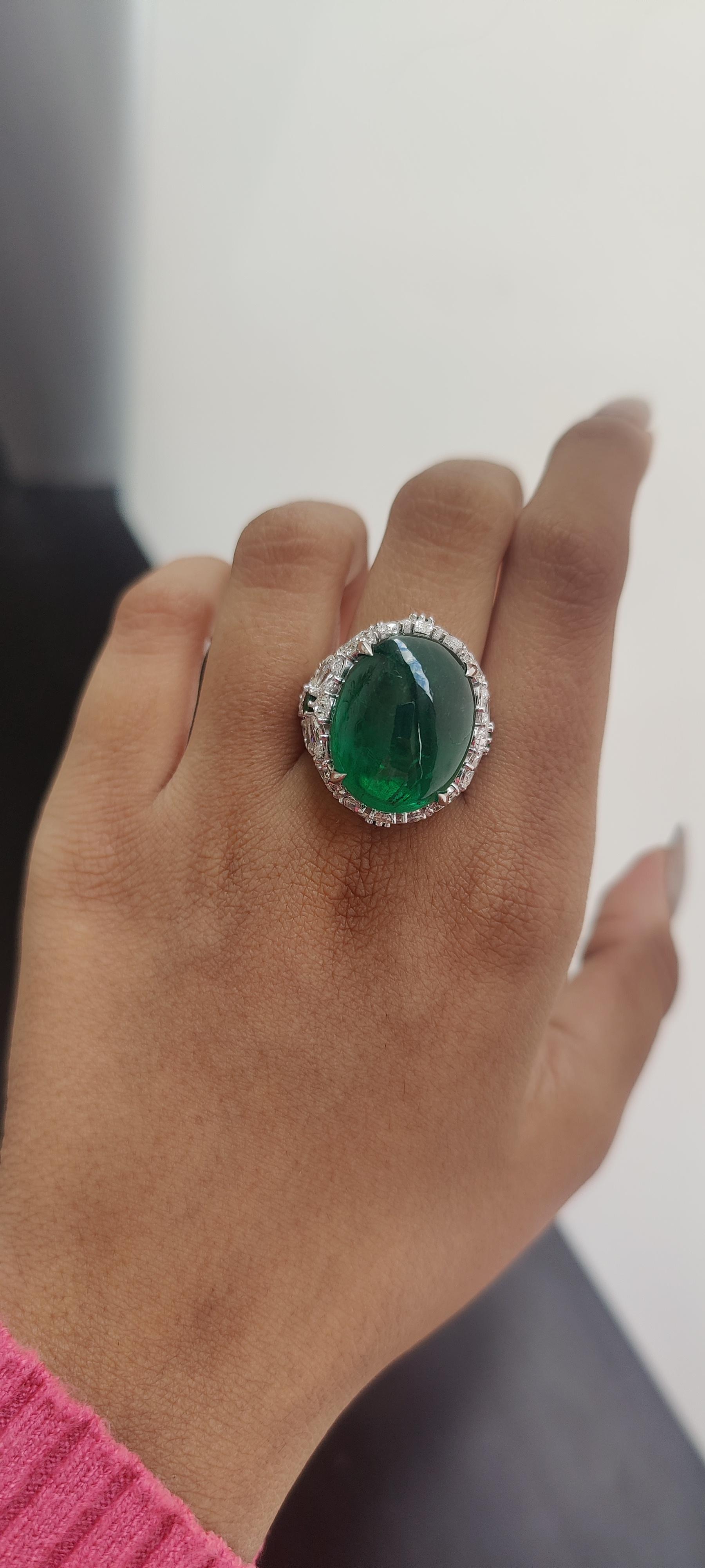 24.60 Carat Cabochon Emerald Art Deco Inspired One-of-a-kind Statement Ring For Sale 7