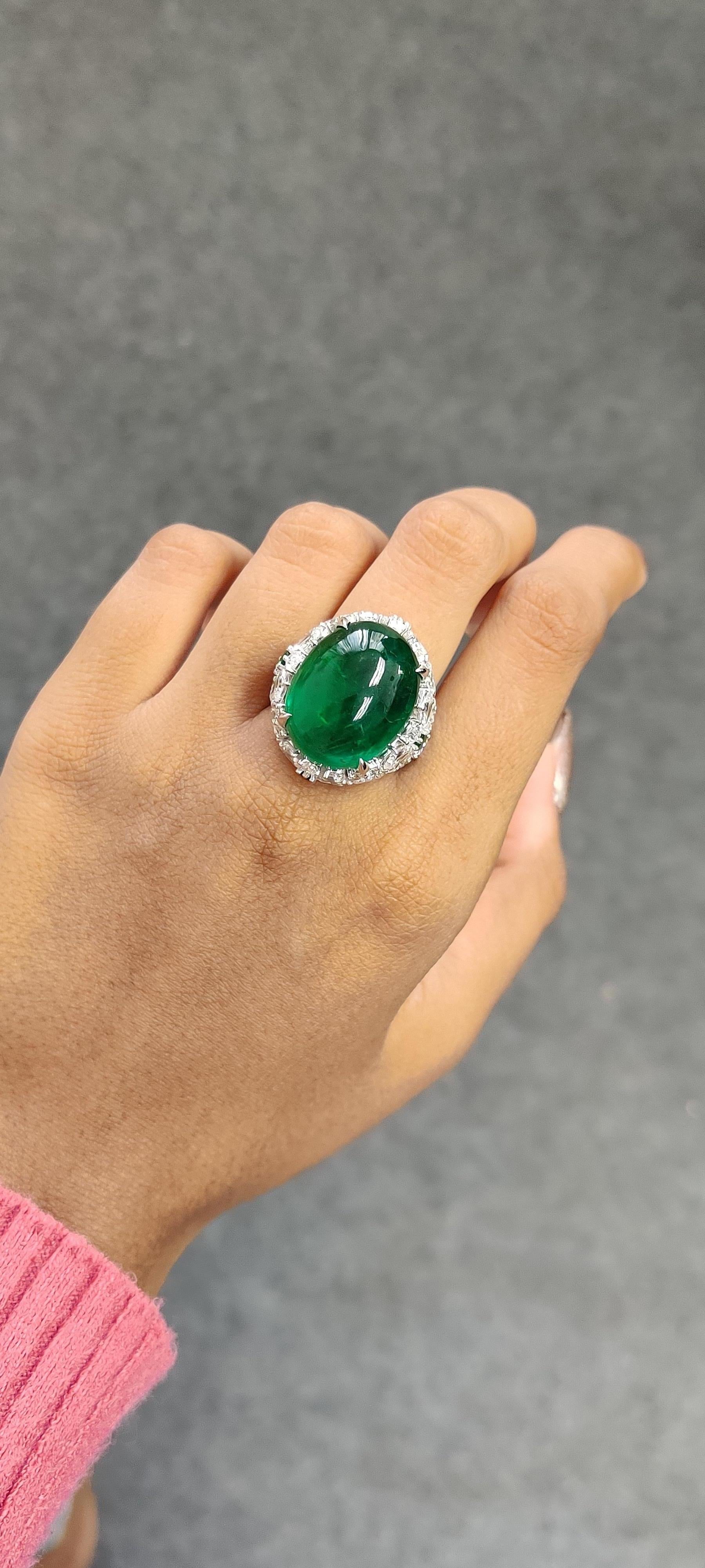 24.60 Carat Cabochon Emerald Art Deco Inspired One-of-a-kind Statement Ring For Sale 3