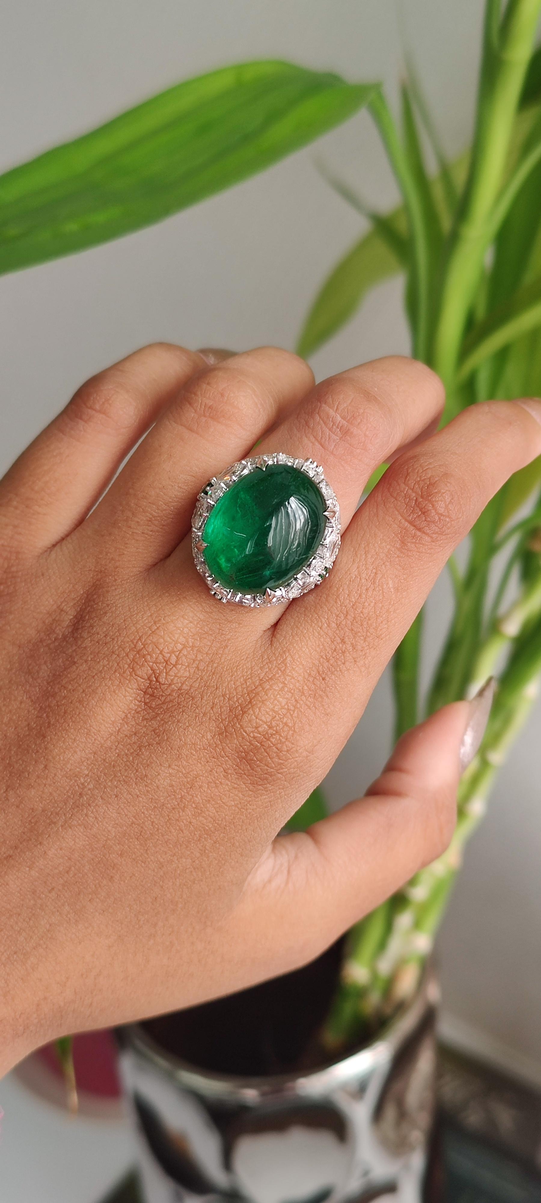 24.60 Carat Cabochon Emerald Art Deco Inspired One-of-a-kind Statement Ring For Sale 4