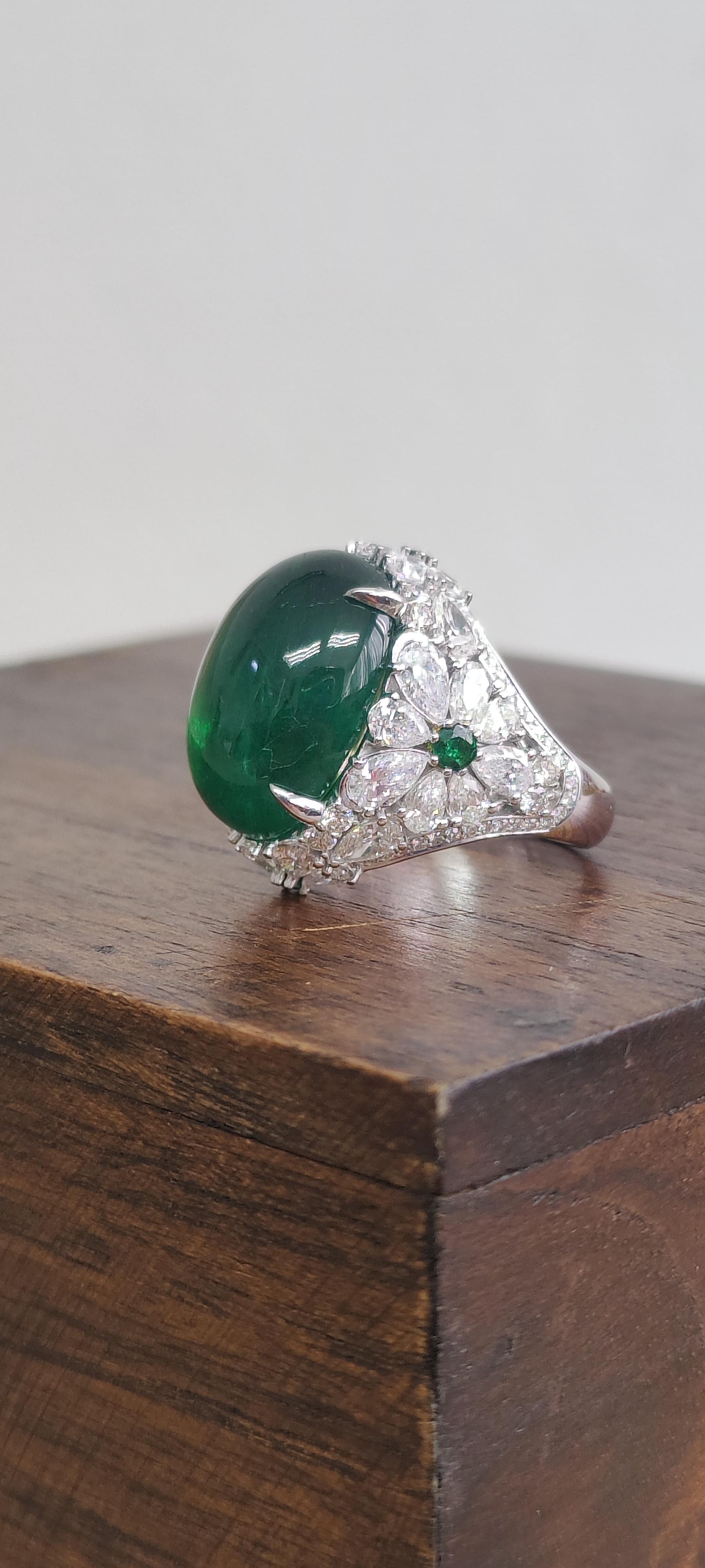24.60 Carat Cabochon Emerald Art Deco Inspired One-of-a-kind Statement Ring For Sale 5