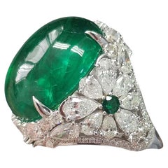 Retro 24.60 Carat Cabochon Emerald Art Deco Inspired One-of-a-kind Statement Ring