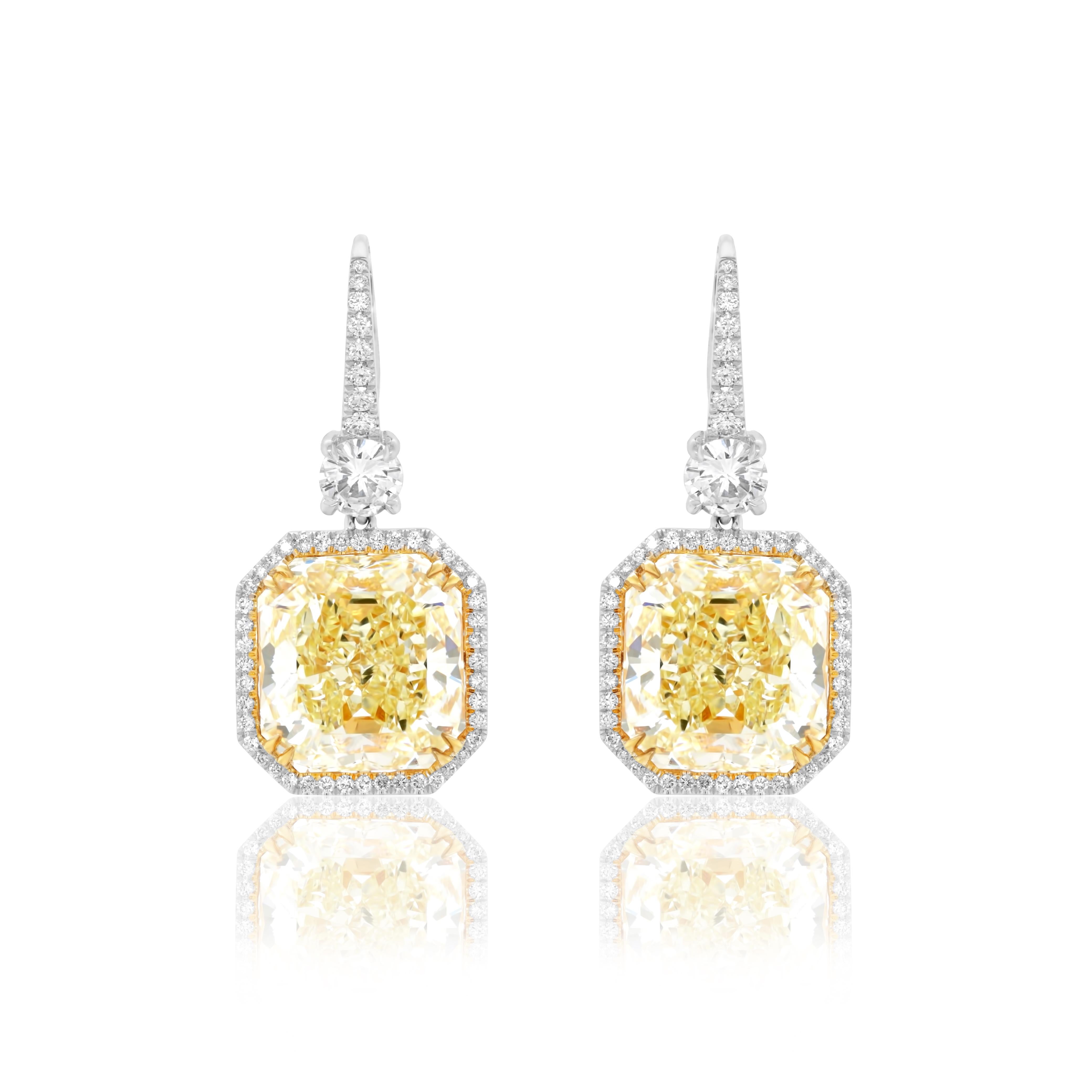 Platinum & 18KT Important earrings total 24.60cts Radiant Natural Fancy Yellow VVS2 GIA# 5151585333 & 5182122295, with settings 1.80cts diamonds  