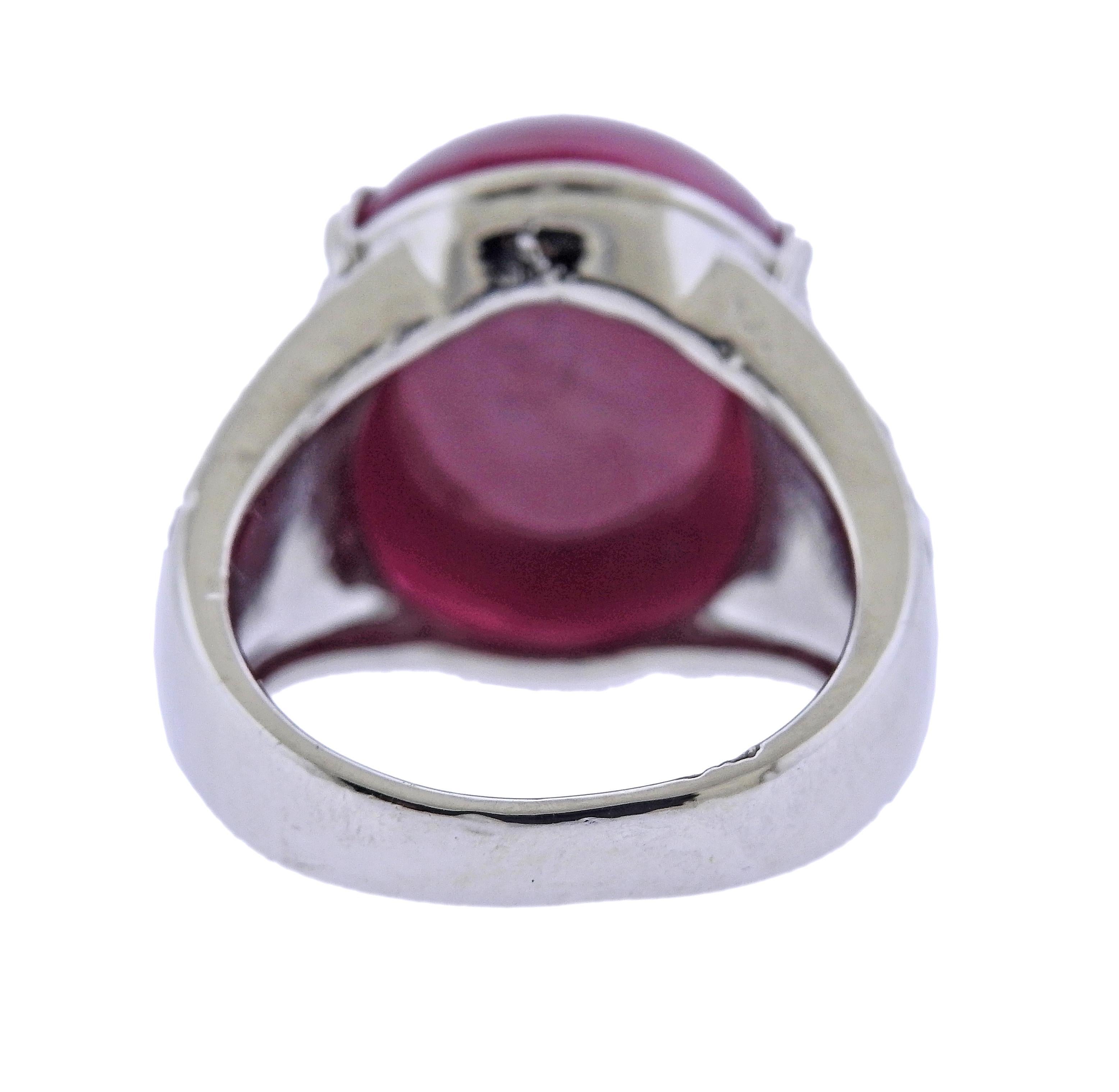 24.61 Carat Burma Ruby Cabochon Diamond Platinum Ring In Excellent Condition In New York, NY