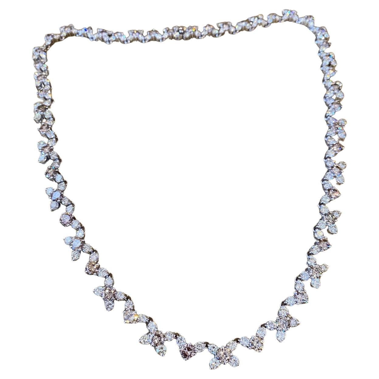 24.61 Carat Champagne & White Diamond Tennis Necklace in 18k White Gold For Sale