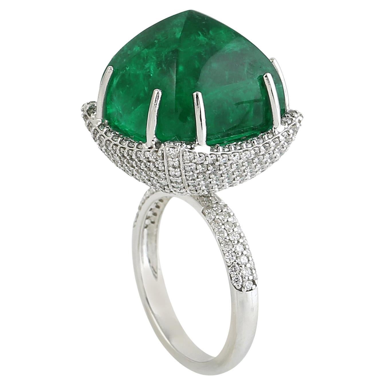 24.61ct Emerald Cocktail Ring With Diamonds Made In 18k White Gold For Sale