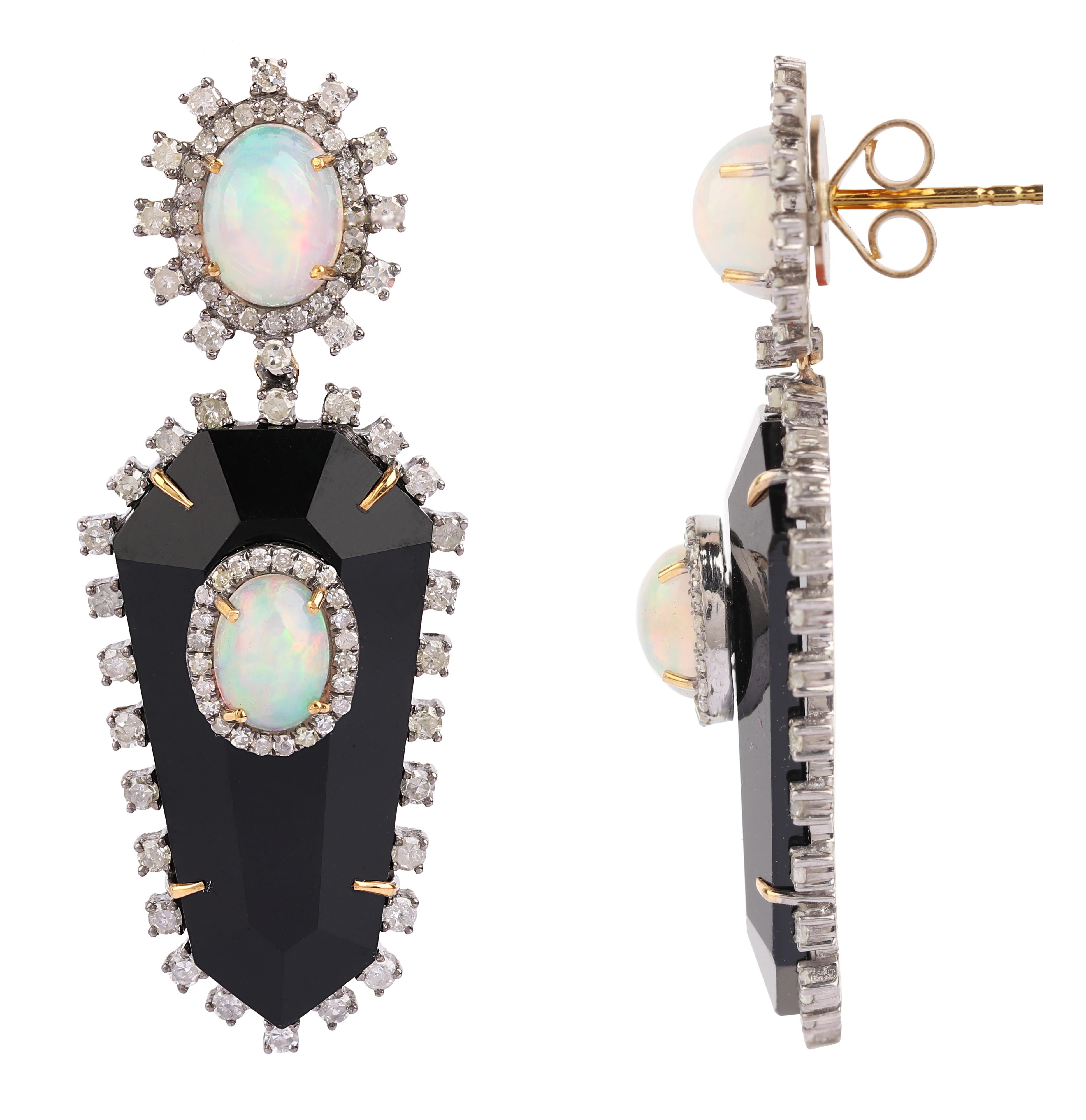 Cabochon 24.64 Carats Diamond, Opal, and Black Onyx Drop Earrings in Modern Style For Sale