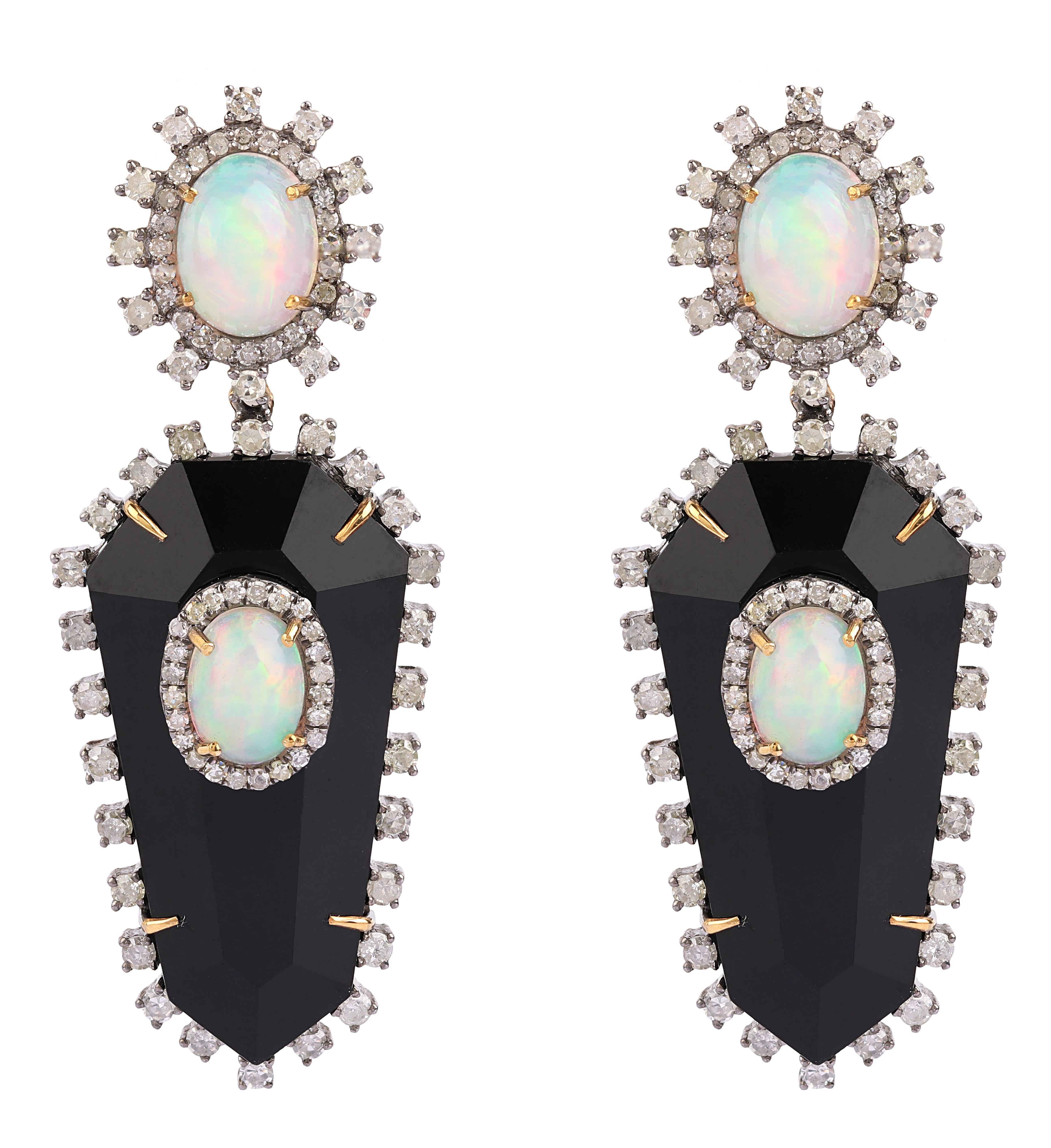 Women's 24.64 Carats Diamond, Opal, and Black Onyx Drop Earrings in Modern Style For Sale