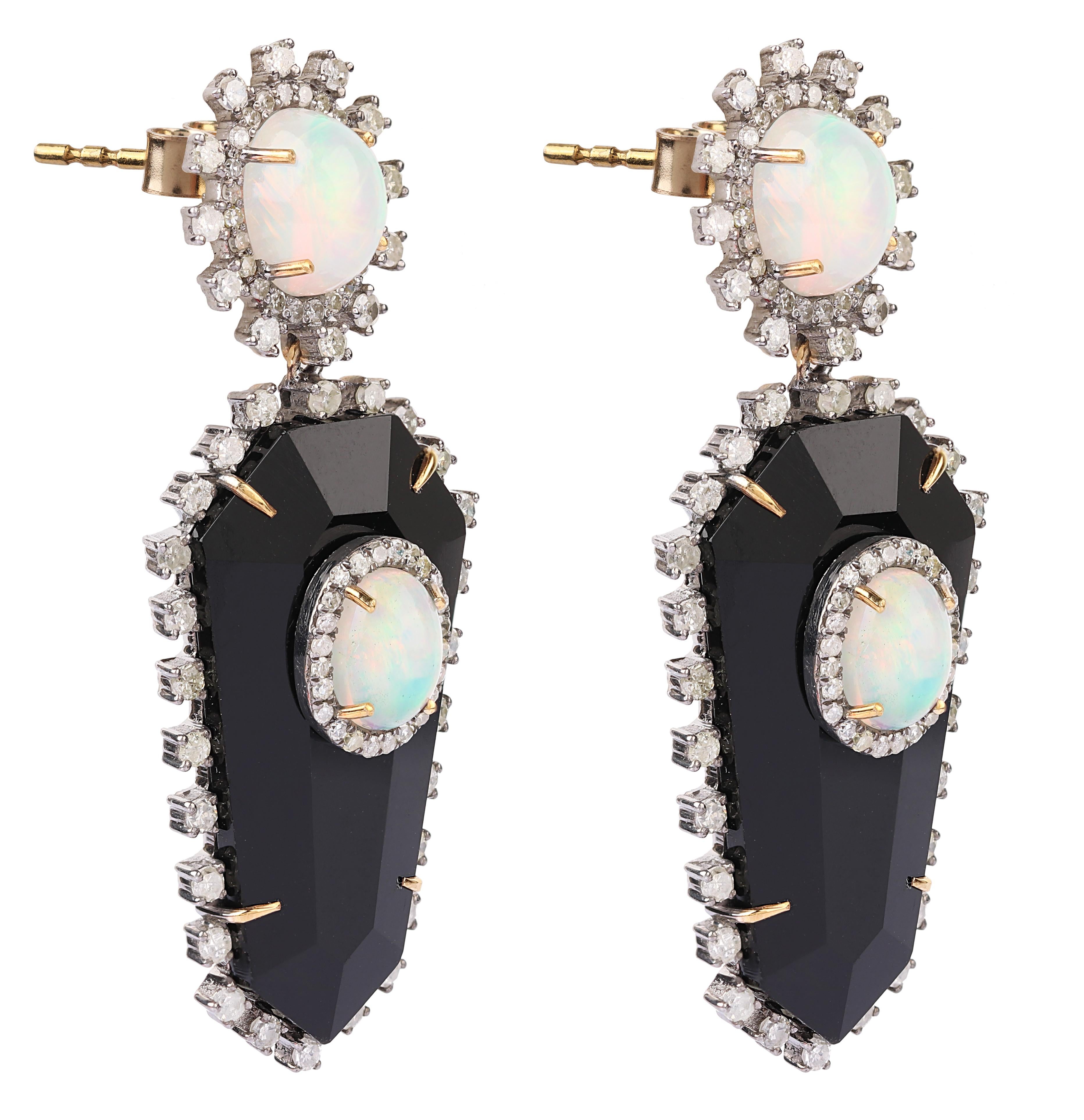 24.64 Carats Diamond, Opal, and Black Onyx Drop Earrings in Modern Style For Sale 1