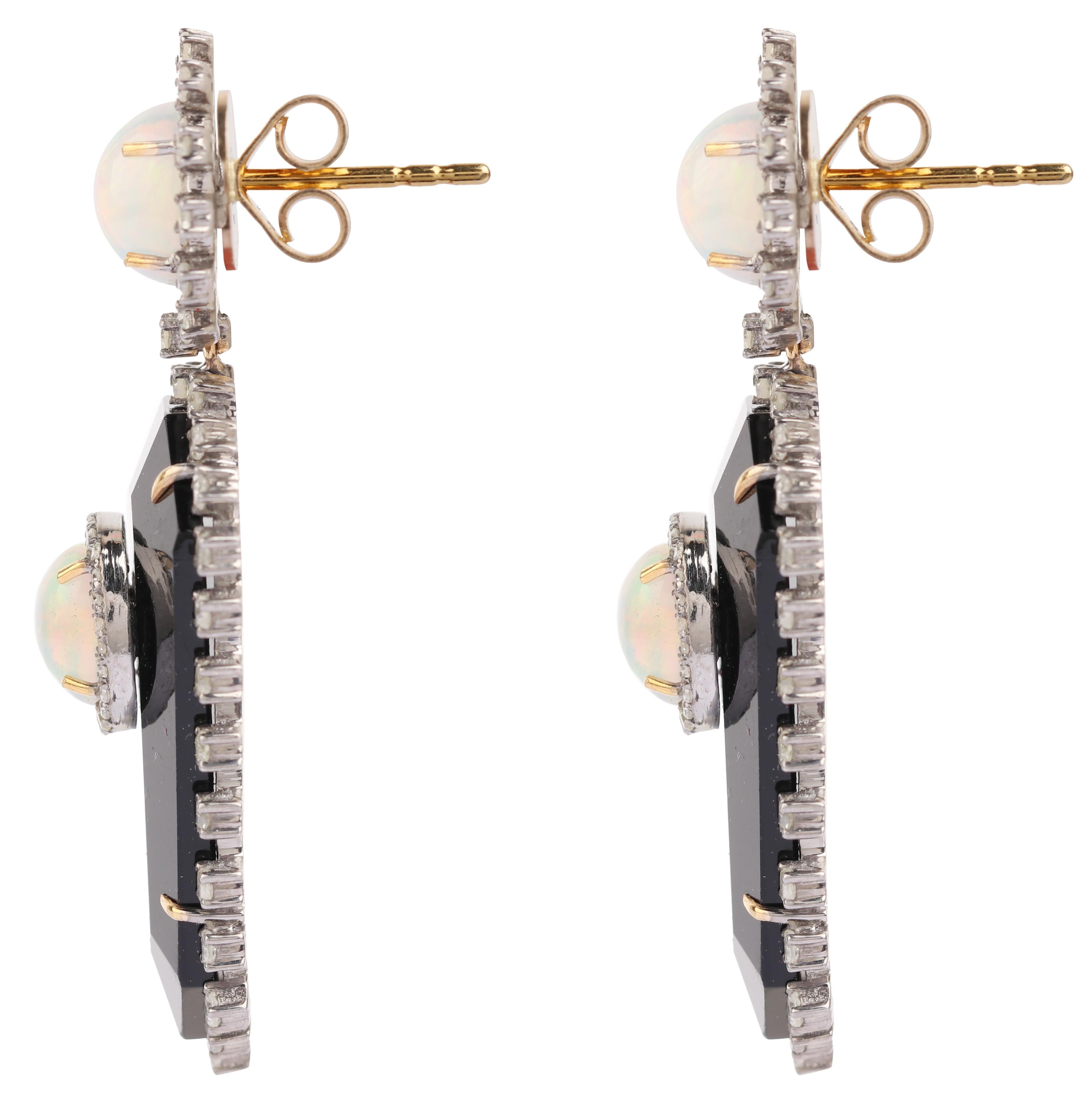 24.64 Carats Diamond, Opal, and Black Onyx Drop Earrings in Modern Style For Sale 2
