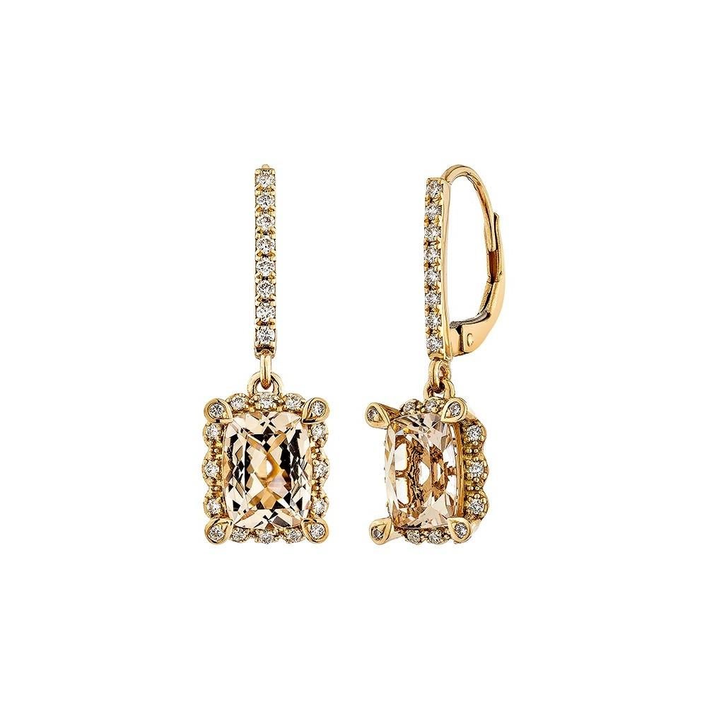 Taille coussin Boucles d'oreilles à levier en or rose 18 carats avec Morganite de 2,465 carats et diamants blancs en vente