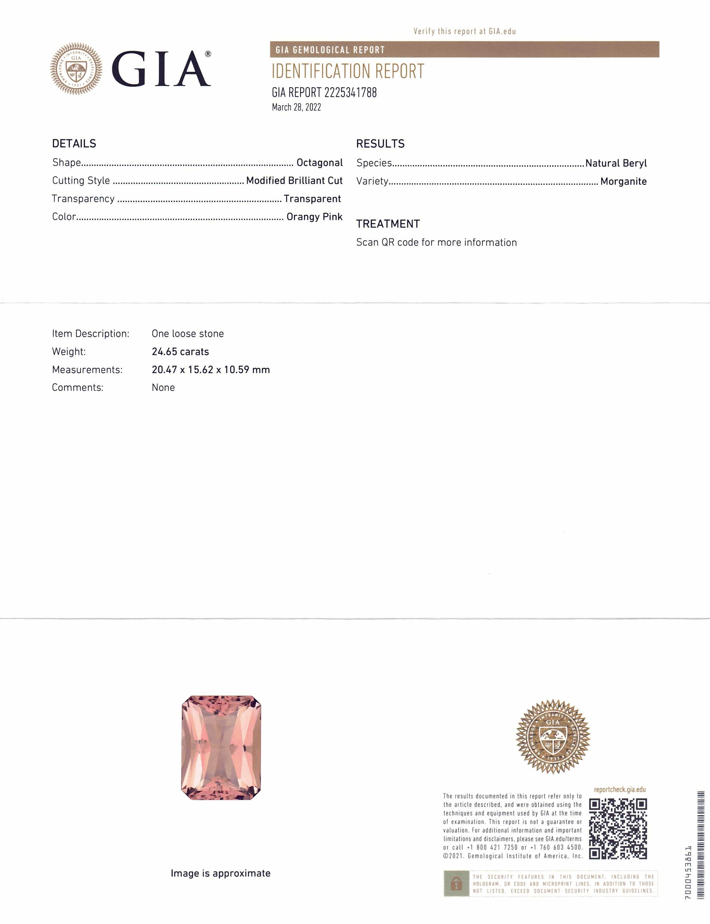 Women's or Men's 24.65ct Octagonal Orangy Pink Morganite GIA Certified For Sale