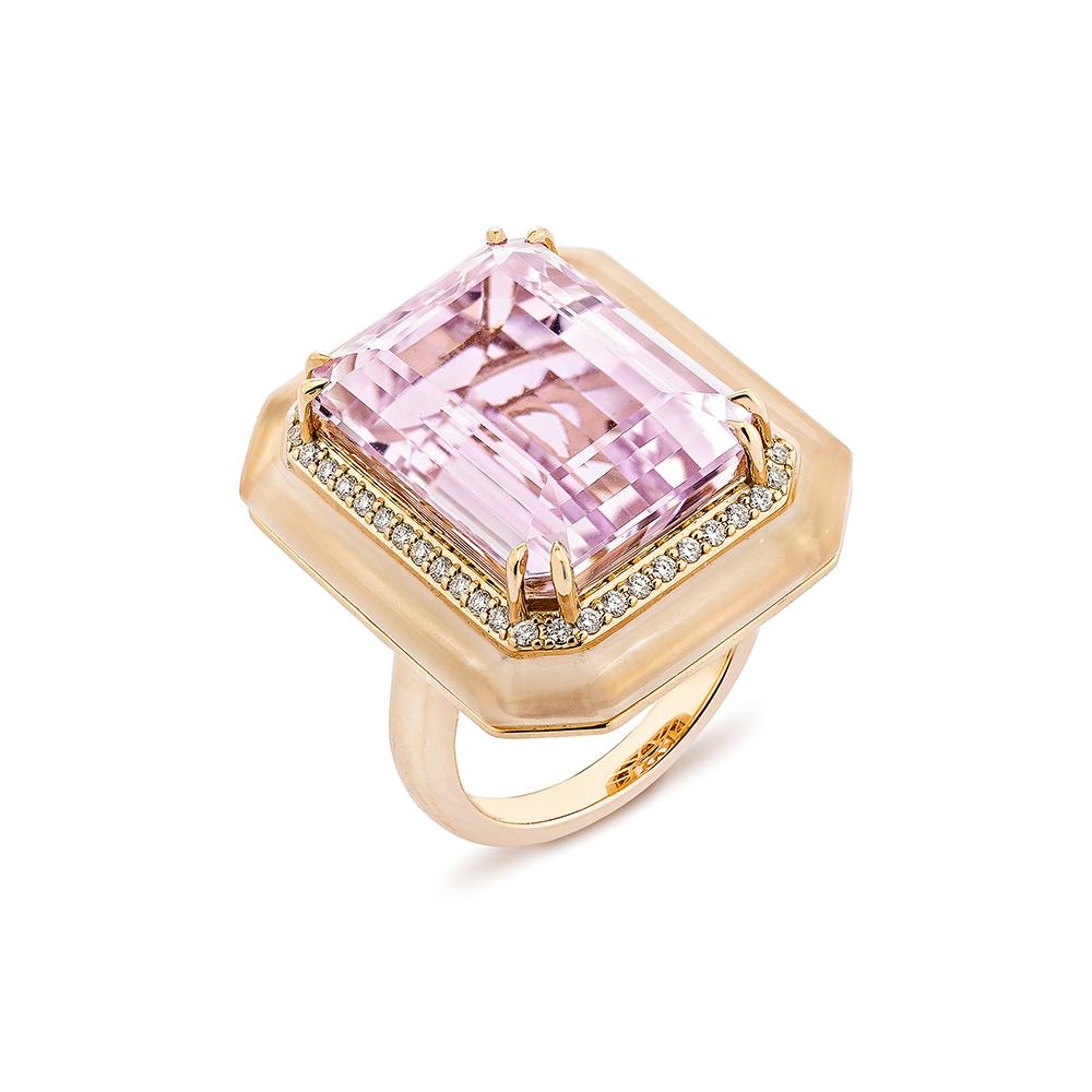 Contemporary 24.67 Carat Kunzite Fancy Ring in 18KRG with Rose Quartz and White Diamond.   For Sale