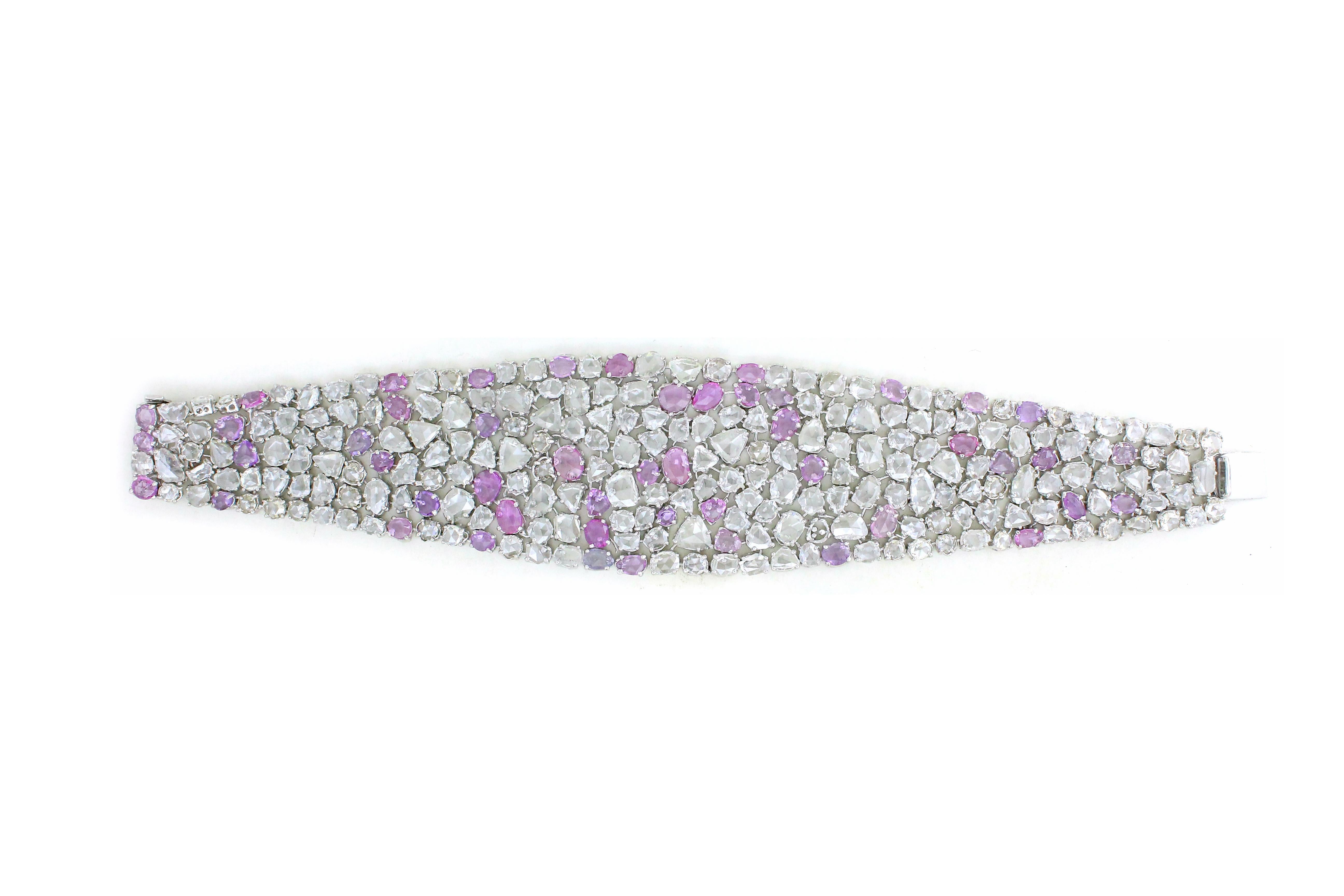 Modern 24.68 Rose cut Diamonds and 11.05 cts of Pink Sapphire Bracelet For Sale
