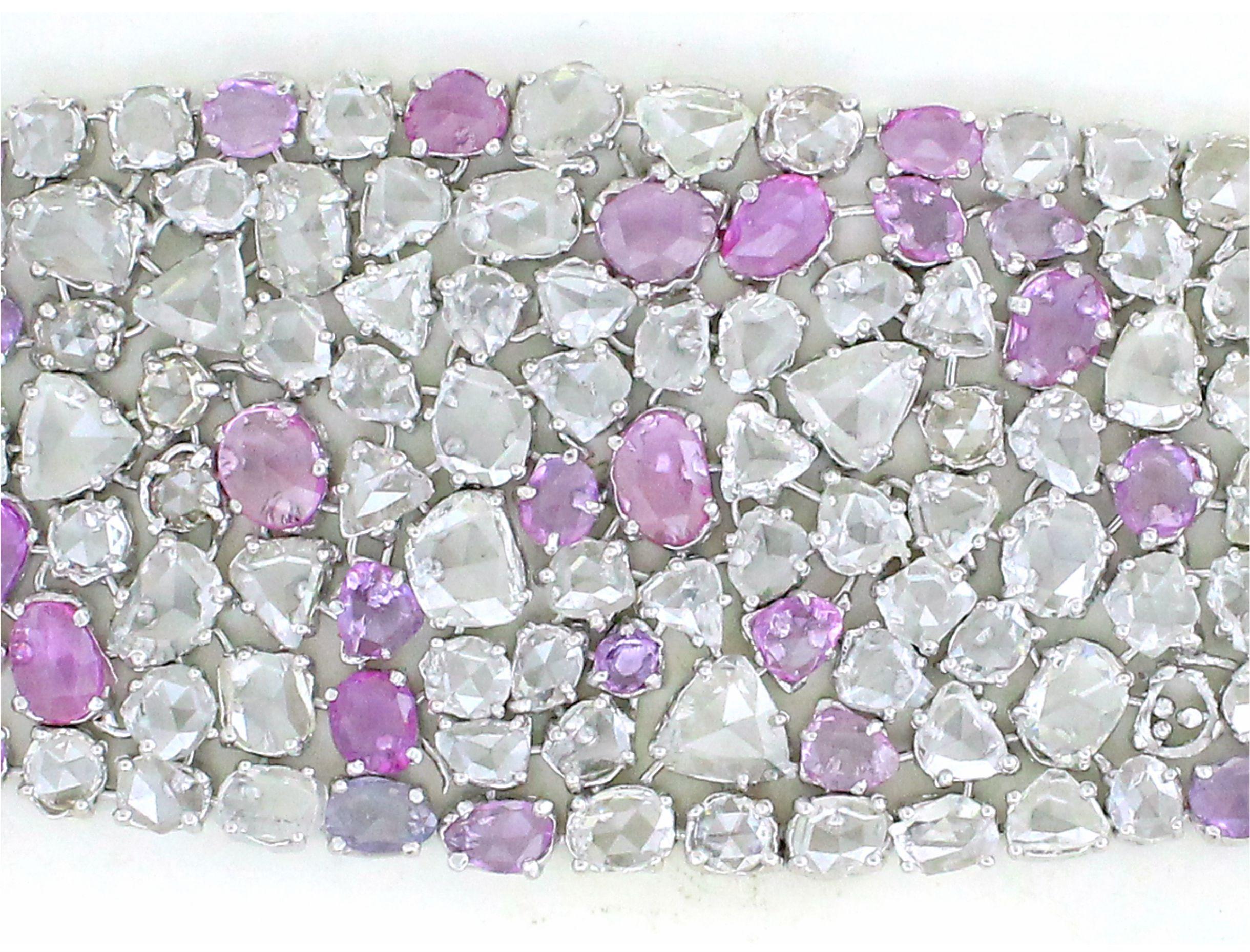 Mixed Cut 24.68 Rose cut Diamonds and 11.05 cts of Pink Sapphire Bracelet For Sale