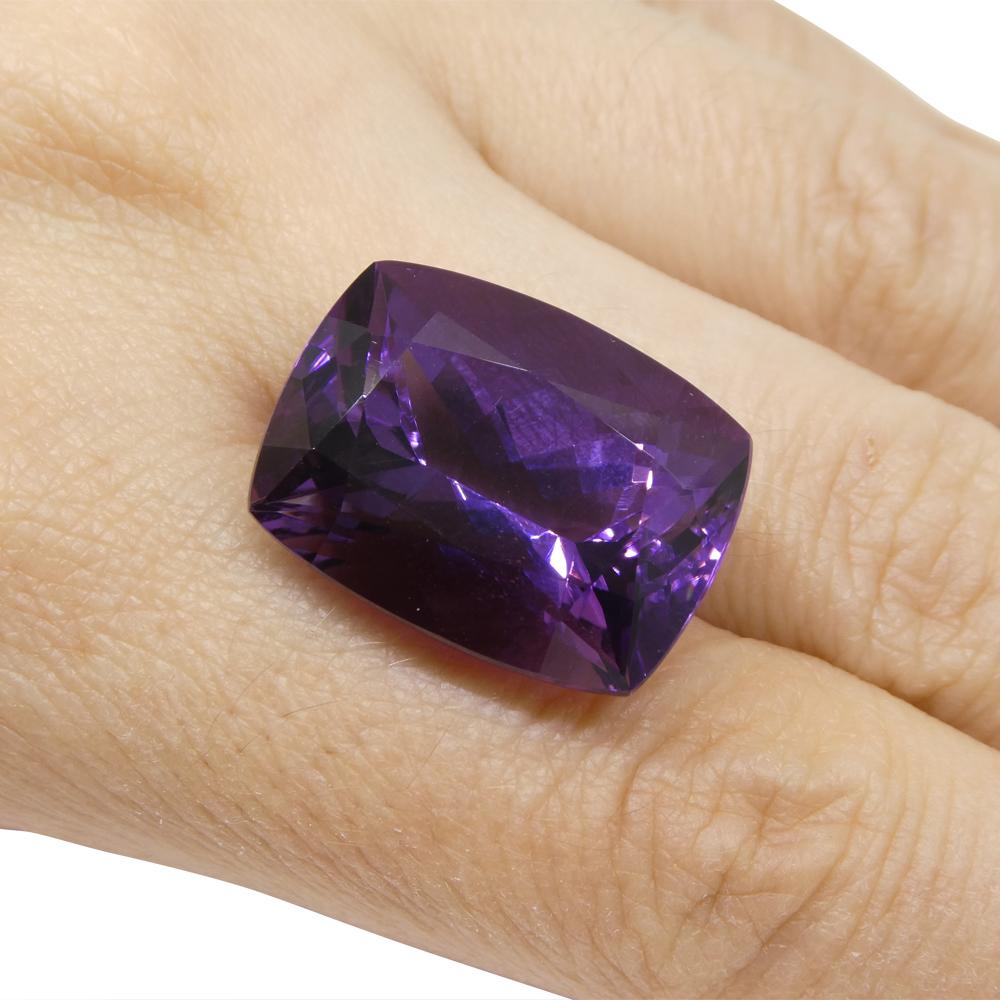 Description:

Gem Type: Amethyst
Number of Stones: 1
Weight: 24.69 cts
Measurements: 20.94 x 15.82 x 12.50 mm
Shape: Cushion
Cutting Style:
Cutting Style Crown: Brilliant Cut
Cutting Style Pavilion: Modified Brilliant Cut
Transparency:
