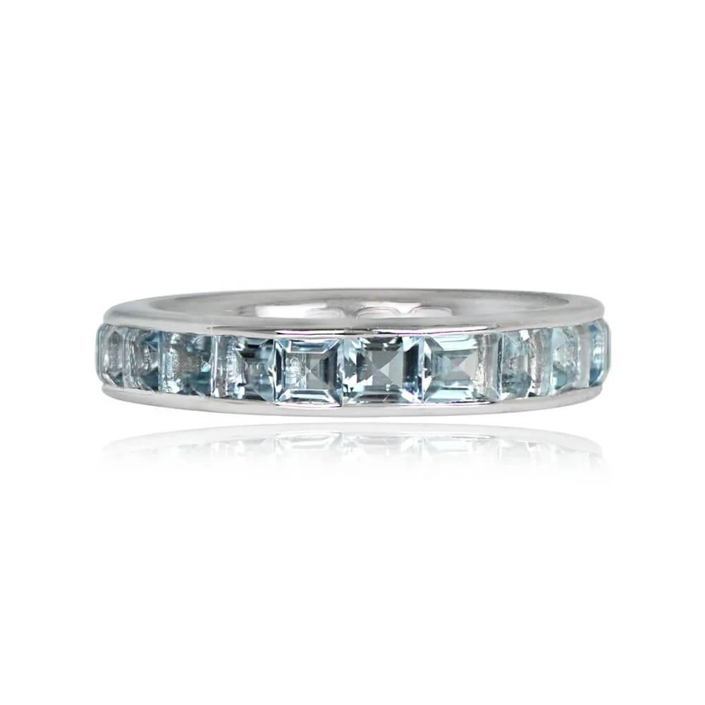 A stunning wedding band with an eternity of Asscher cut aquamarines totaling 2.46 carats. The aquamarines are elegantly channel-set in a handcrafted platinum band with a width of 4mm.

Ring Size: 6 US, Resizable
Metal: Platinum
Stone: