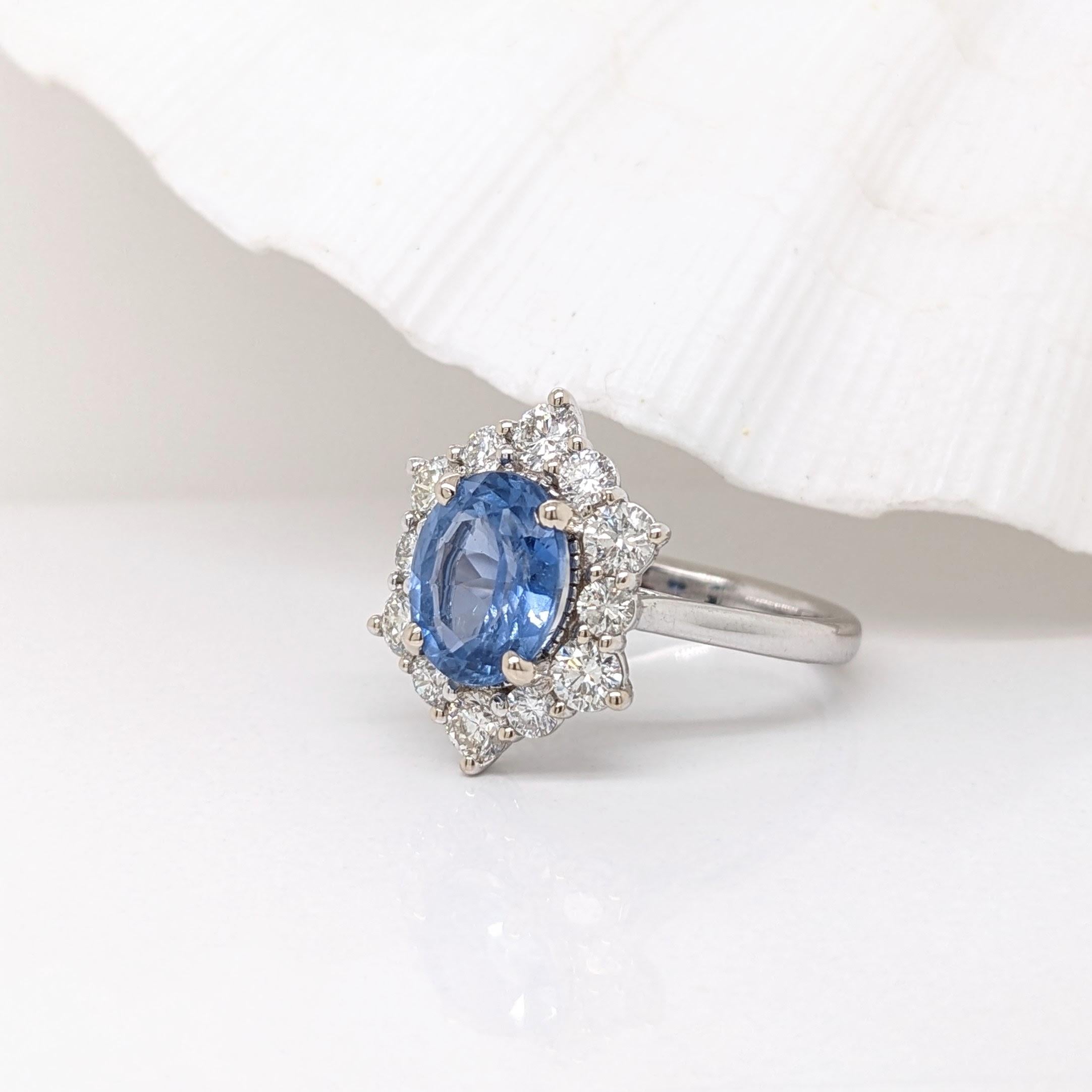 Modernist 2.46ct Blue Sapphire Ring w Diamond Halo in Solid 14k White Gold Oval 9x7mm For Sale
