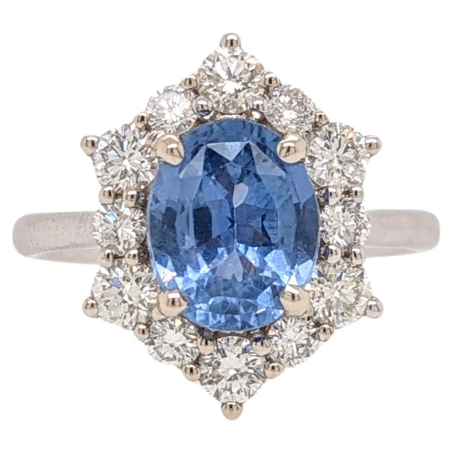 2.4ct Sapphire Ring w Earth Mined Diamonds in Solid 14k White Gold Oval 9x7mm For Sale
