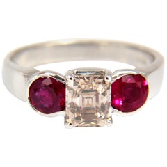2.46CT Natural fancy color light brown diamond ruby ring 18kt. Three Stone*