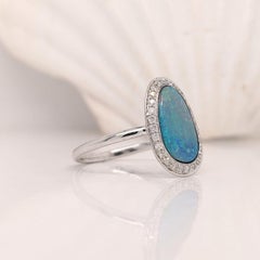 2.46ct Opal Bezel Set in Solid 14k White Gold w Diamond Halo Cabochon 16x12mm