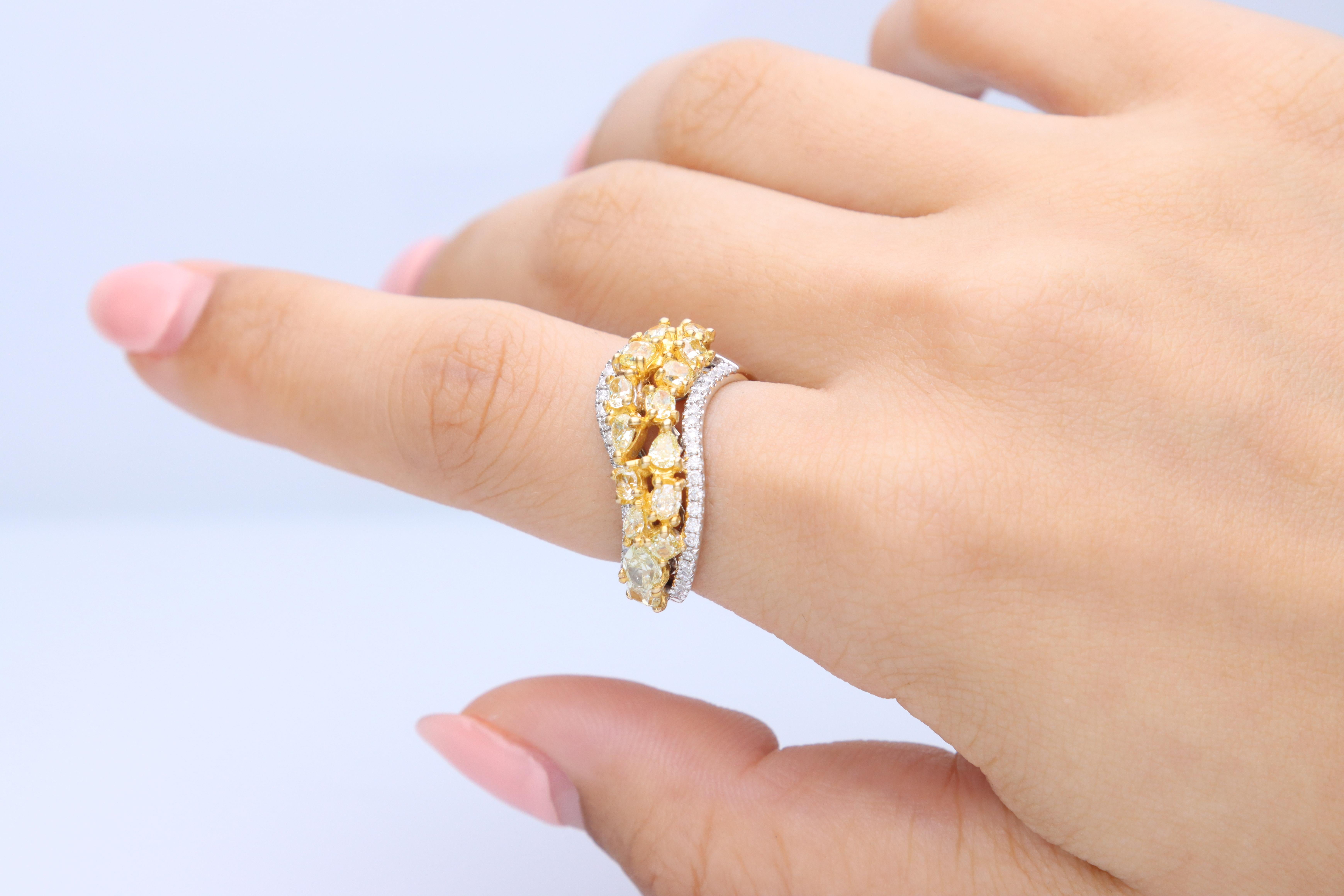 Stunning, timeless, and classy eternity Unique Ring. Decorate yourself in luxury with this Gin & Grace Ring. The 18K Two Tone Gold jewelry boasts 15 pcs 2.46 carat Yellow Diamond and Natural Round-cut white Diamond (45 Pcs) 0.35 Carat accent stones