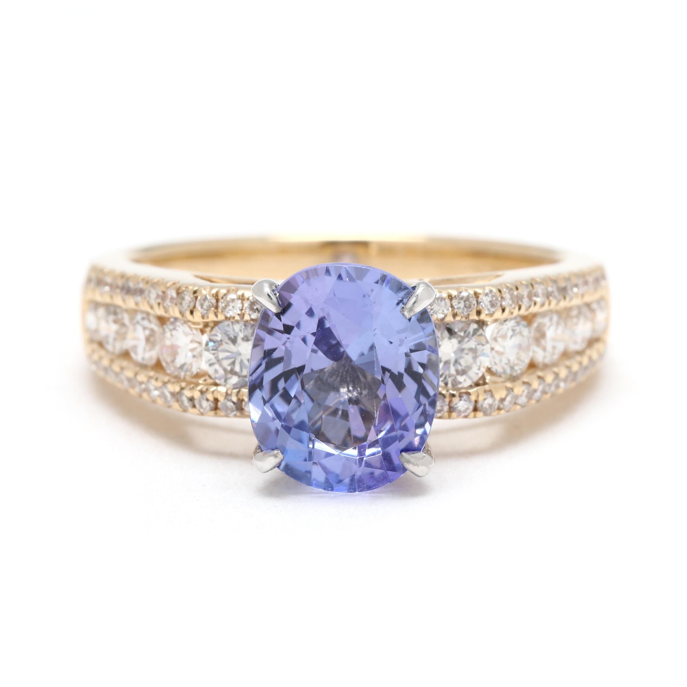 Anello di fidanzamento con diamante e tanzanite da 2,46 carati, oro giallo bianco 14k, misura 7 in vendita