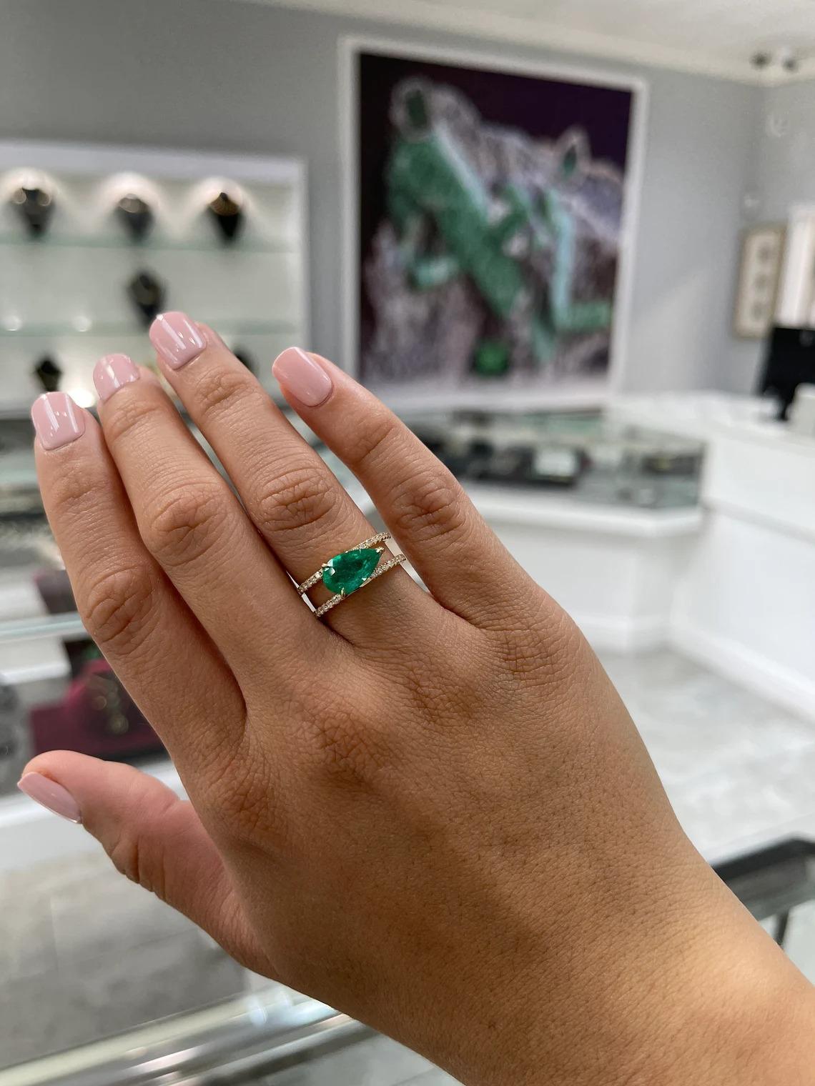 Modern Trending 2.46tcw Colombian Emerald Pear & Diamond Accent Double Band Ring 18K For Sale
