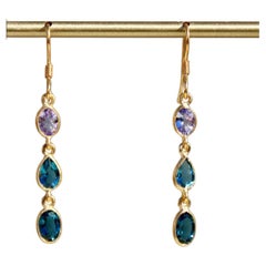 2.47 Carat 14K Gold French Wire Tanzanite & London Blue Topaz Dangle Earrings