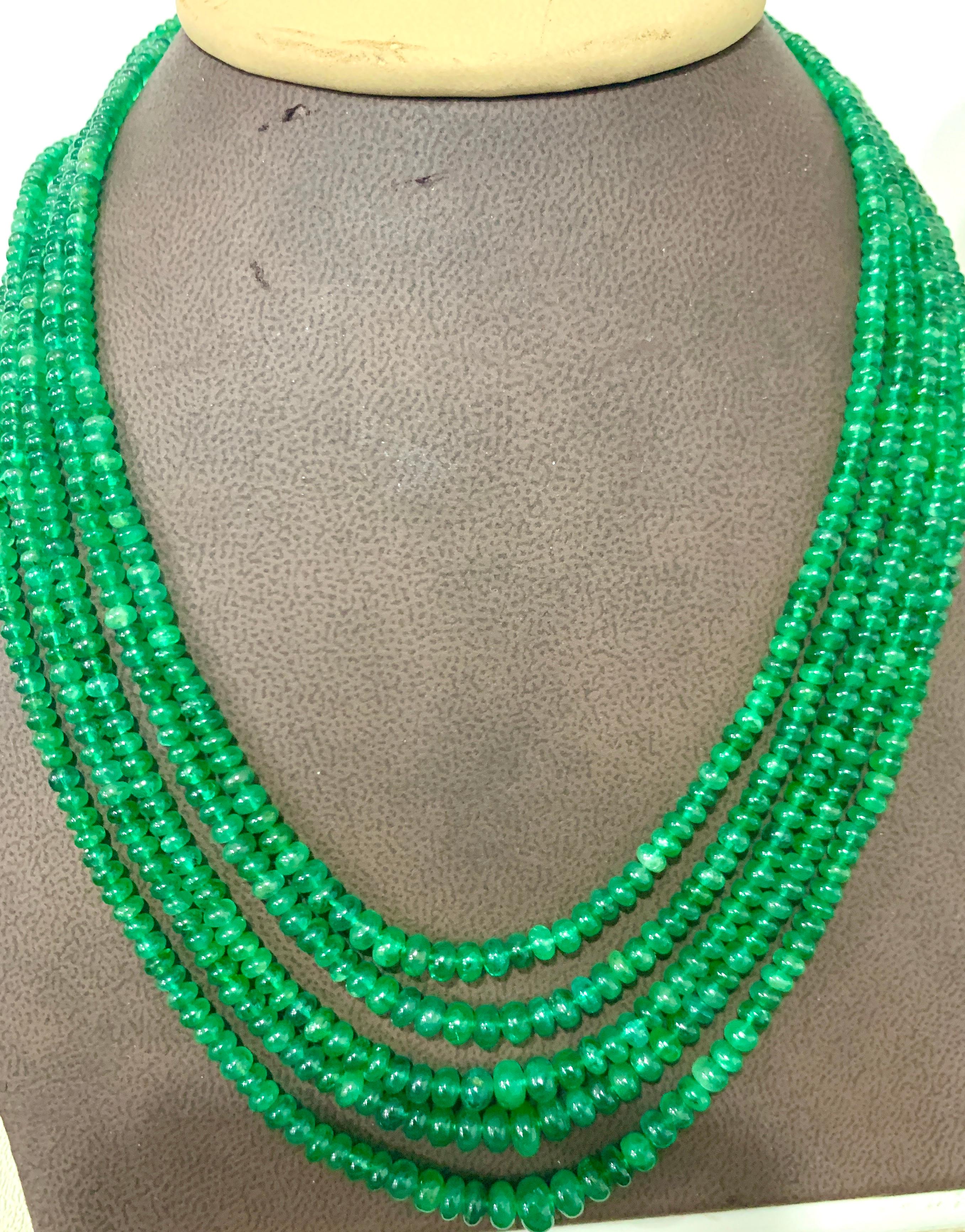 247  Carats 5 Layer  natural Brazilian Emerald Bead Necklace Sterling Silver Clasp
This spectacular Necklace   consisting of approximately 247 Ct   of  Fine Emerald Beads  .
A magnificent emerald bead necklace featuring a large number of Graduating