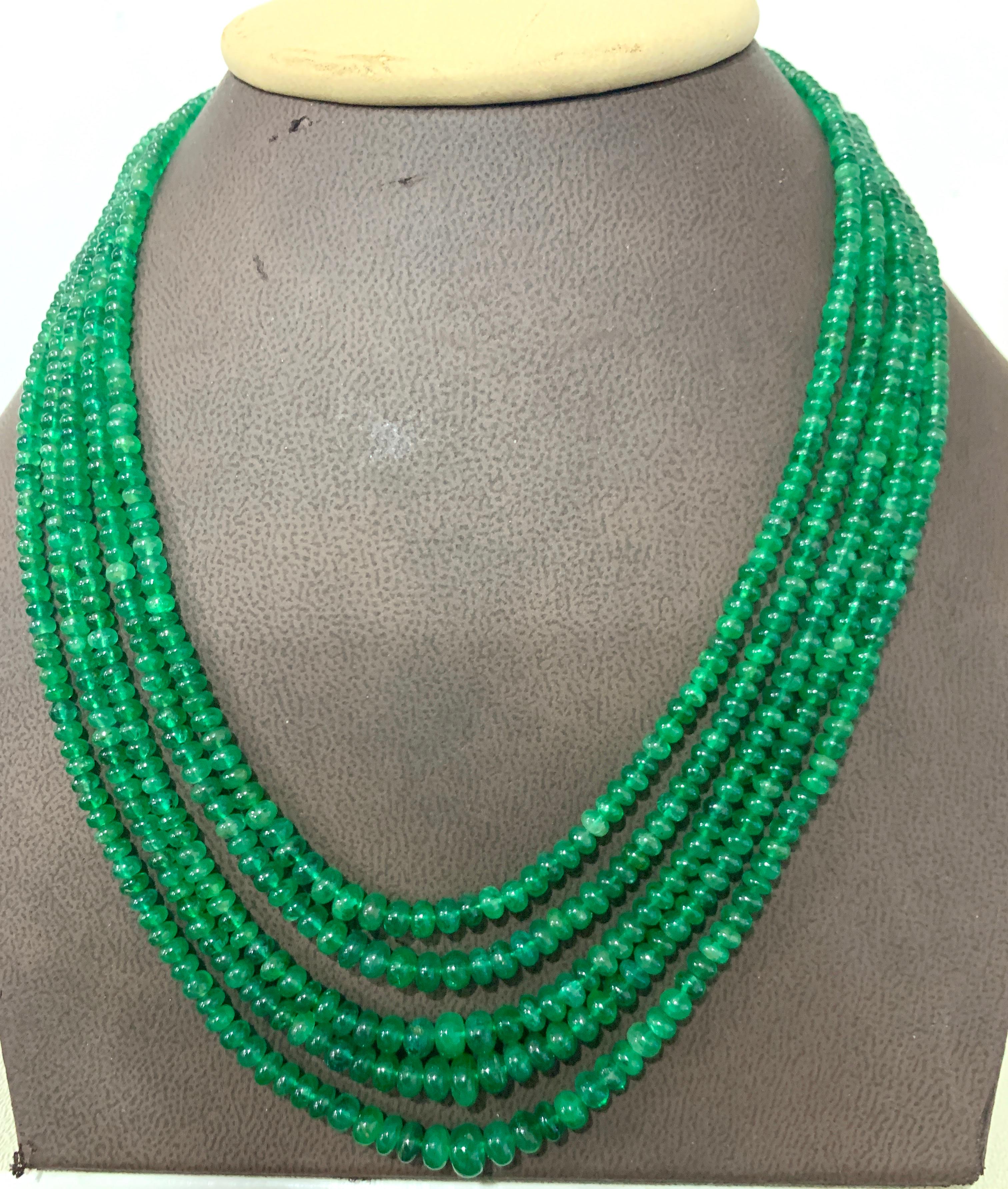 Round Cut 247 Carat 5 Layer Natural Brazilian Emerald Bead Necklace Sterling Silver Clasp